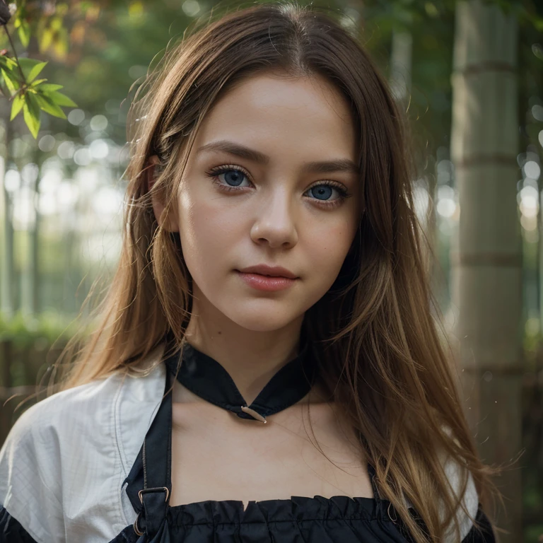 (realistic, photo-realistic:1.4),(8k, RAW photo, best quality, masterpiece:1.2), cute, ultra-detailed,heart-shaped pupils, physically-based rendering, ultra high res, kodakvision color, shot on Arricam LT Camera, bokeh, sharp focus, looking at viewer, photorealistic,realistic, solo, photorealistic, best quality,extremely detailed face,extremely detailed eyes and face, (blond girl,) clear eyes, beautiful detailed eyes,absurdres, incredibly absurdres,haunting smile,Messy hair, floating hair, round blue big eyes, clear big eyes, moist red lips, sweet, girl, arts, Black color hair,flowy,vivd colour(Hanfu:1.5),((cloth shoes))。(A sword in his hand),(dream magical:1.5)。(Wind in the bamboo forest), (The wind blows the leaves),