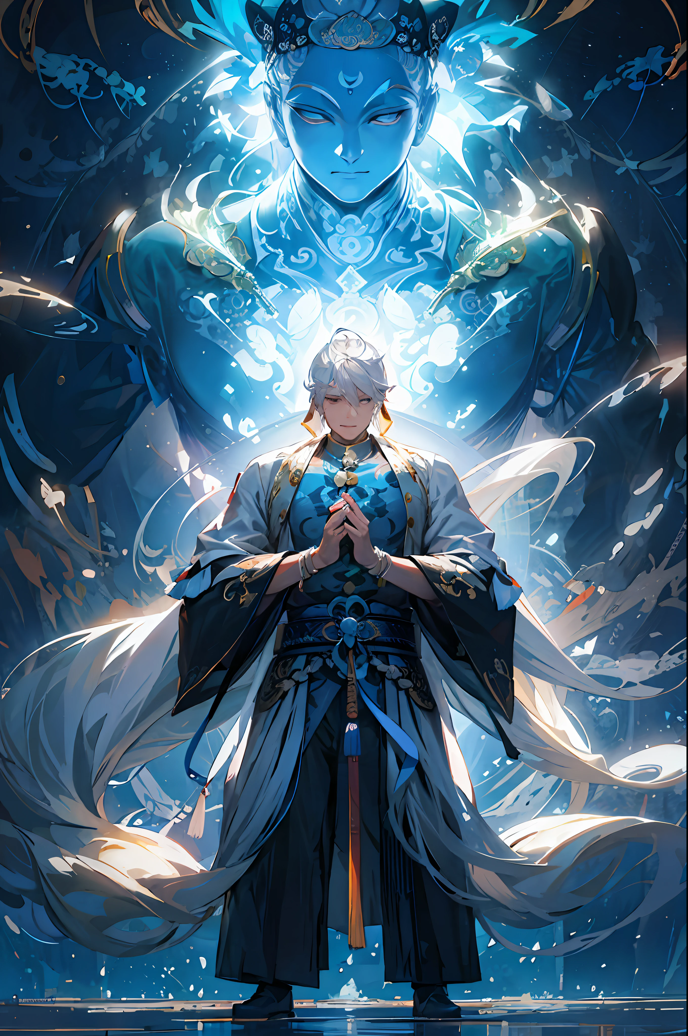 (masterpiece:1.2), best quality,PIXIV,taoist,solo,(a man),Strong and muscular,white hair, perfect face，standing in front of blonde glowing taoist buddha ,transparent buddha ，Hands folded, expression serious,