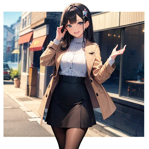((masterpiece:1.5)),((Finest quality)),(Ultra-high precision),8k picture, Top quality anime, Highest level of resolution, sharpness, laughing, two side up, tights ,beautiful face, biologically correct hand, cheerful, long hair, hair ornament, layered skirt, trench coat, halterneck, out door
