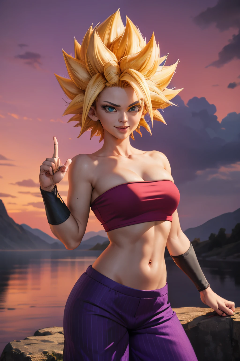 masterpiece, best quality, ssjcaulifla, white hair, water eyes, tube top, (purple pants with yellow stripe:1.2), armbands, cowboy shot, looking at the sky , smile, furrowed eyebrow, giving the middle finger, red sky, black clouds