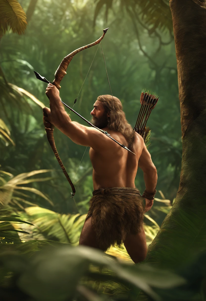 A photo of bob using a makeshift bow and arrow to hunt for a wild boar in the jungle.,Ark survival evolved,bob is a neanderthal looking man who carries primative tools and wears only a loincloth. he is strong from surviving on an island inhabitated by dinosaurs
