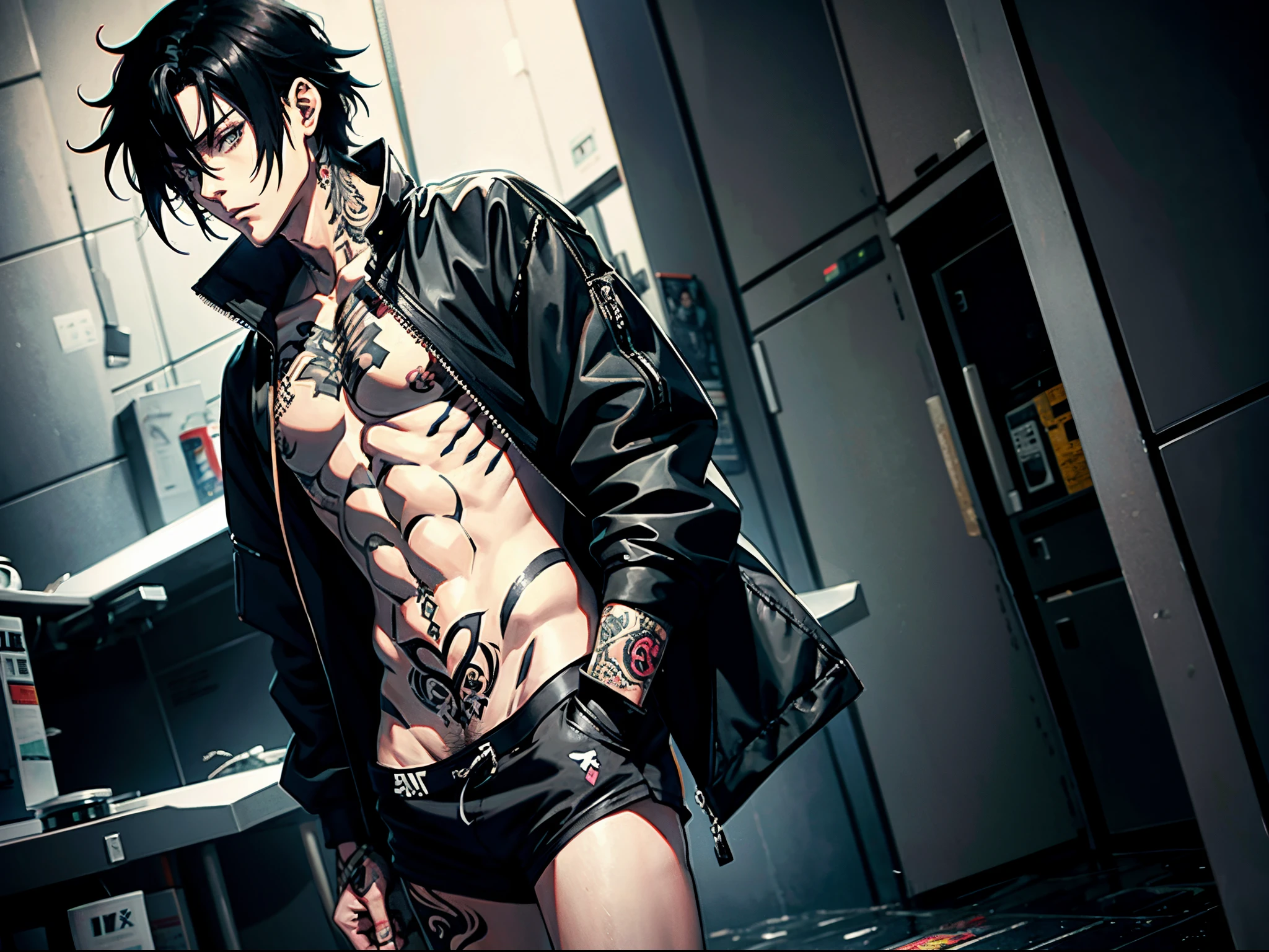 anime sexy man, black hair, tattoes, oversized gray jacket