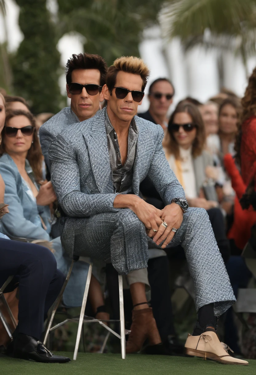 A photo of Derek Zoolander serving as a guest judge at a children's fashion design competition,Zoolander films,Derek Zoolander, the fictional supermodel from the “Zoolander” films, played by Ben Stiller, is known for his distinctive and exaggerated fashion style. He often sports flashy, avant-garde outfits that mirror the over-the-top nature of the fashion industry he represents. Derek’s signature “Blue Steel” look is characterized by his pursed lips and intense, smoldering gaze, which he comically believes to be highly influential and groundbreaking. His well-groomed hair and chiseled facial features contribute to his portrayal as a somewhat clueless yet beloved fashion icon.