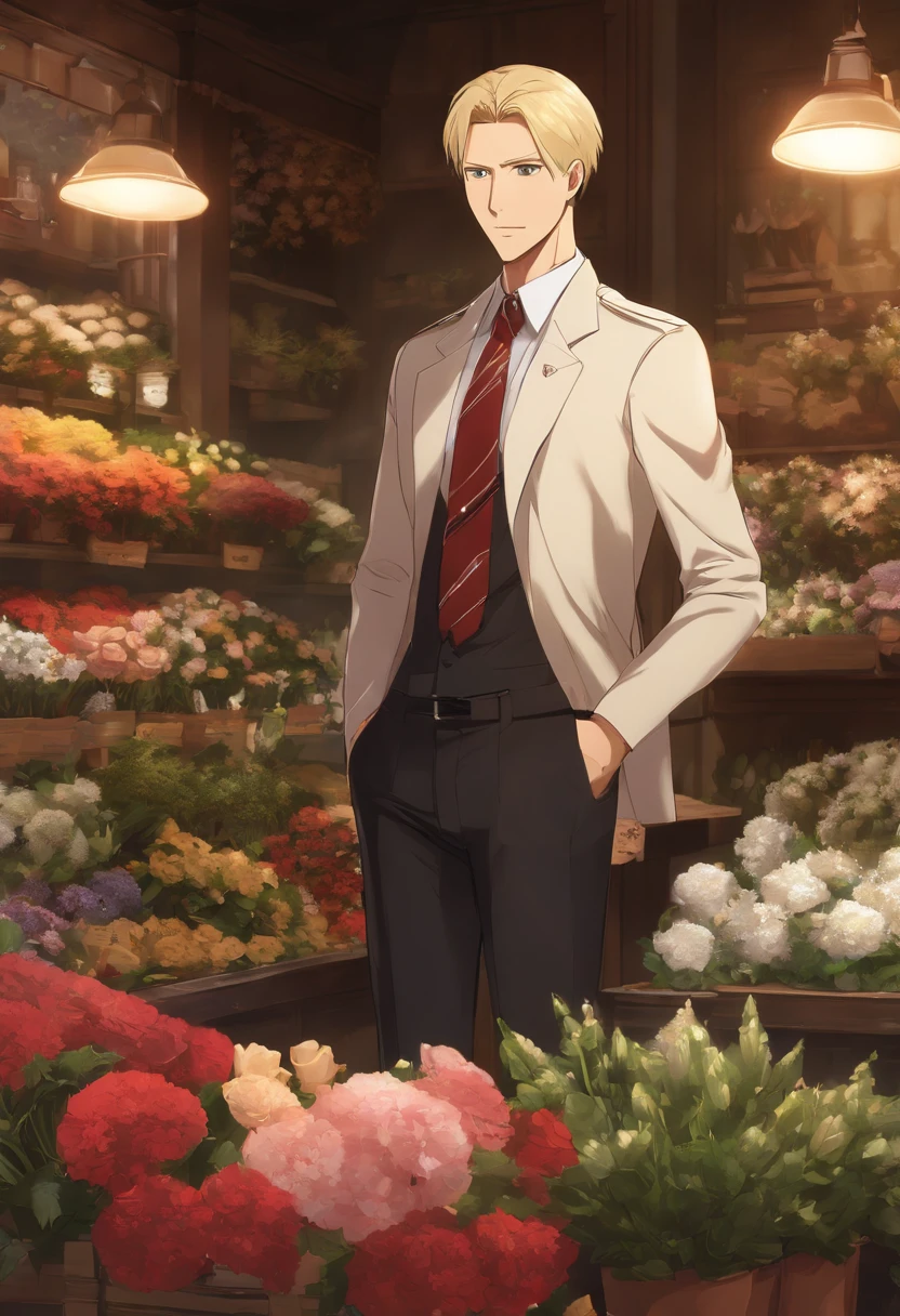 A photo of Reiner standing in front of a small flower shop, carefully selecting a bouquet of flowers.,Attack on Titan,Reiner Braun is tall, buff, with very short blonde hair and a very short stubble goatee, small amber eyes, thin eyebrows, very masculine features. Wears a long beige coat, white dress shirt, black tie, and a red armband with a white nine-pointed star on it. (Reiner Braun from Attack on Titan)