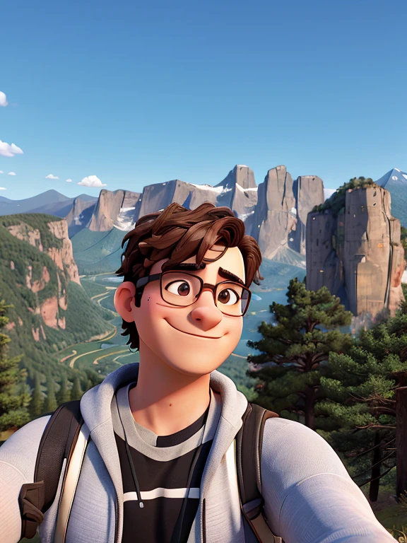 arafed man with glasses taking a selfie in front of a mountain, with mountains in the background, with mountains in background, forrest in the background, alexandros pyromallis, forrest in background, mountains in the background, very very low quality picture, with mountains as background, profile picture 1024px, moutain in background, avatar image