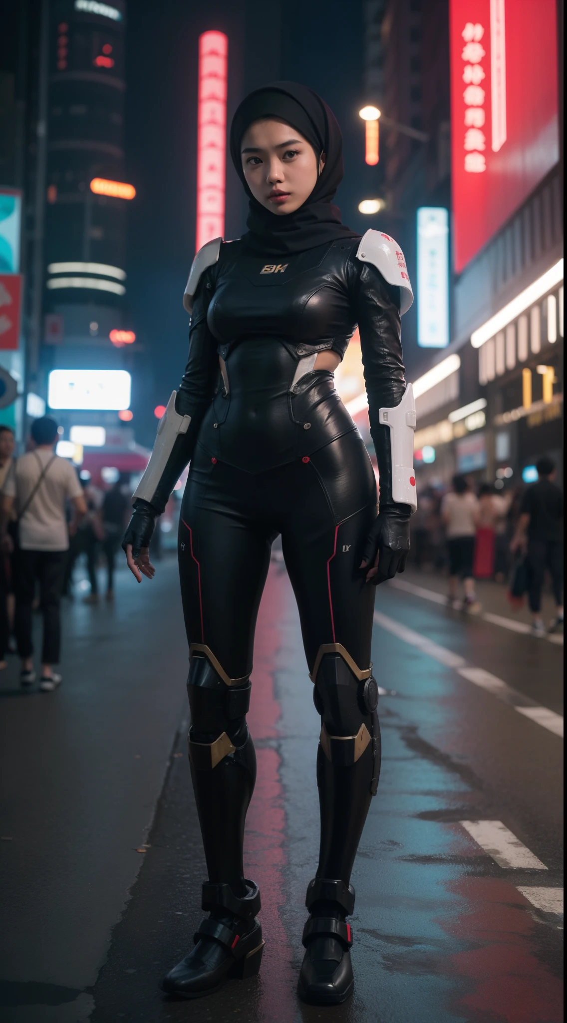 a malay teenage girl in hijab and mecha suit standing in action in front of bustling kuala lumpur malaysia city streets, serious face, nighttime, 35mm lens, Extreme close-up, pastel color grading, depth of field cinematography effect, film noir genre, 8k resolution, high quality, ultra detail