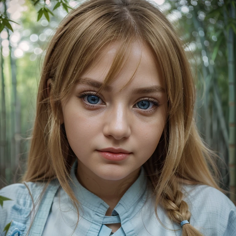 (realistic, photo-realistic:1.4),(8k, RAW photo, best quality, masterpiece:1.2), cute, ultra-detailed,heart-shaped pupils, physically-based rendering, ultra high res, kodakvision color, shot on Arricam LT Camera, bokeh, sharp focus, looking at viewer, photorealistic,realistic, solo, photorealistic, best quality,extremely detailed face,extremely detailed eyes and face, (blond girl,) clear eyes, beautiful detailed eyes,absurdres, incredibly absurdres,haunting smile,Messy hair, floating hair, round blue big eyes, clear big eyes, moist red lips, sweet, girl, arts,,flowy,vivd colour(Hanfu:1.5),((cloth shoes))。(A sword in his hand), (Wind in the bamboo forest), (The wind blows the leaves),