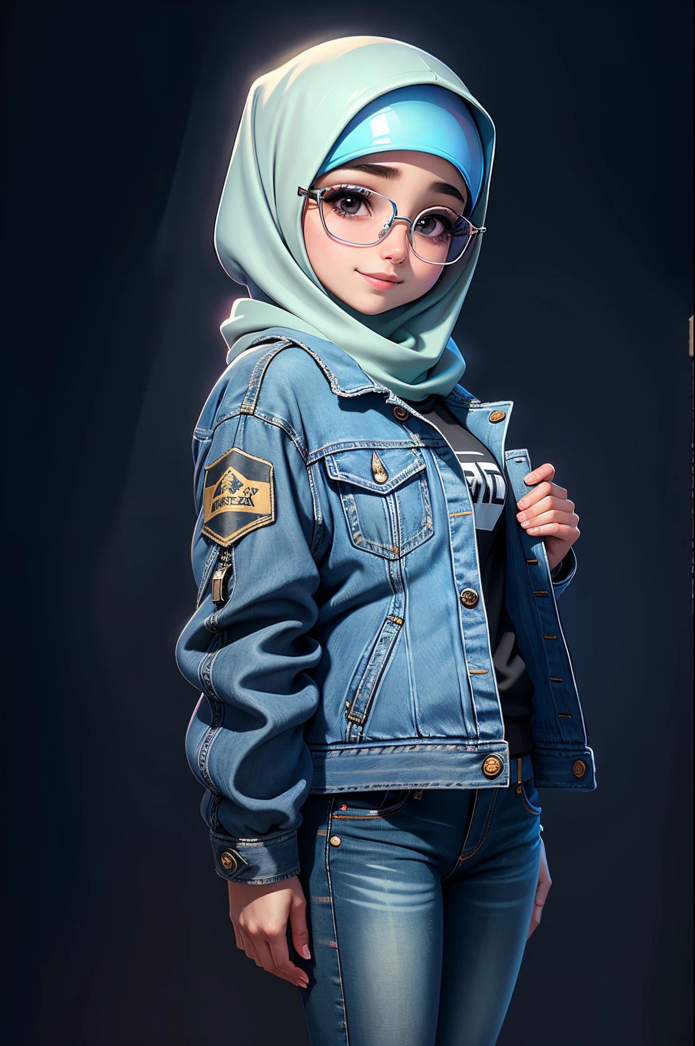 （masterpiece), A Muslim girl, wearing a hijab, Jeans jacket and sunglasses, Dark backgrounds with perfect lighting are made by experts, delicately detailed eyes, A delicate and delicate smile, milkyW, Perosant, holograph,  deep dark background