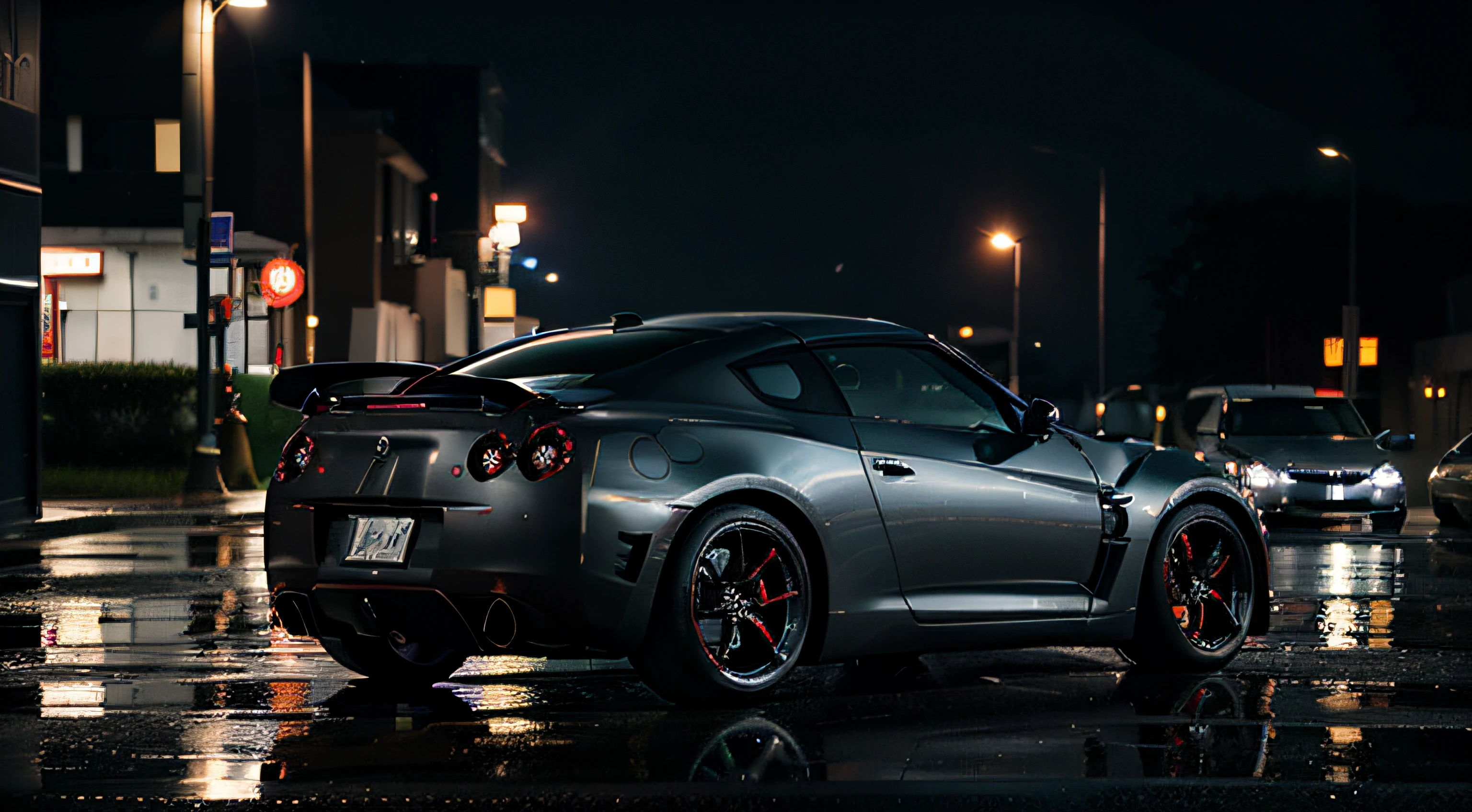 R35 CAR WALLPAPER FOR PHONE WITH LICENSE PLATE 'ASMK', 4K, UTRA REALISTIC, NIGHT RAINY STREET, BACK OF THE CAR IMAGE FROM A SIDE VIEW WITH EXHAUST