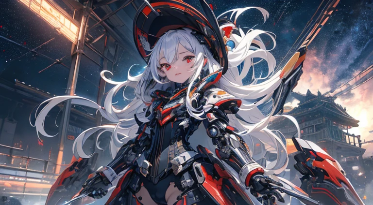 tmasterpiece,Best quality at best,ultra - detailed,very detailed illustration,The is very detailed,Complicated details,A high resolution,super complex detail,Extremely detailed 8k CG wallpaper,cow boy shot, Caustics,Reflectors,Ray traching, Demon Theme,Starcloud,darkness aura,cyber effect, Alone ,Alone, Mecha Maiden,mechanicalparts, robotjoints,single mechanical arm, Hats, Mechanical Aura,star halo,Complex mechanical body suit, mecha corset, Full A, Very long hair,White hair, hair between eye, Colorful hair, Colored inner hair, Red Eyes Random Expression,Random actions, ancient japanese architecture,ponds, starrysky,skylines, (Little girl:1.4)