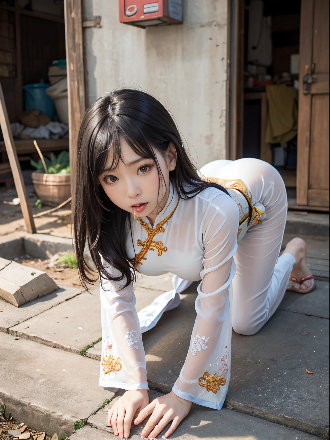 vietnamese woman,Beautuful Women,(Crawling on all fours),crawling on hands and knees,Kneeling position,Posture with buttocks sticking out,((put out the tongue)),(((Drooling))),dripping saliva,Kamimei,(((Ao Dai))),(Landscape of Vietnam), ((Slums)),surrealism, F/1.2, Fuji Film, 35 mm, 8K, Super Detail, nffsw, masutepiece, Textured skin, High quality, Best Quality, hard disk
