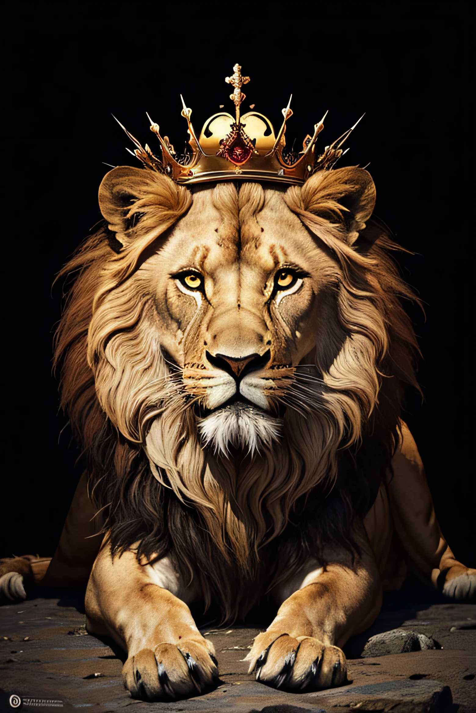 "I would like to request the creation of a striking image of a lion wearing a crown of thorns. The lion should be depicted as a symbol of strength, majesty, and power, while adorned with a crown of thorns that conveys a message of sacrifice or religious symbolism.

The primary focus should be on representing the lion's imposing nature, highlighting its lush mane and majestic facial expression. The crown of thorns should be intricately detailed, striking a balance between its commanding presence and the delicacy of the thorns.

Please ensure the lion is positioned in an environment that enhances its magnificence, whether in a majestic landscape or with lighting that emphasizes its imposing presence. The atmosphere should be engaging and cinematic, conveying the intensity of the moment.

It's crucial that the image achieves advanced levels of detail, especially in the lion's fur, the intricacies of the crown of thorns, and the animal's facial expression. The visual style should be captivating, evoking a sense of power and significance.

Please ensure the image attains maximum quality, with exceptional details and a visual style that immerses the viewer in the magnificence and symbolism of the lion with the crown of thorns."

This prompt aims to provide detailed guidance for an AI to create a visually compelling image of a lion with a crown of thorns, emphasizing its strength, symbolism, and visual intricacies while maintaining high quality and a cinematic style.