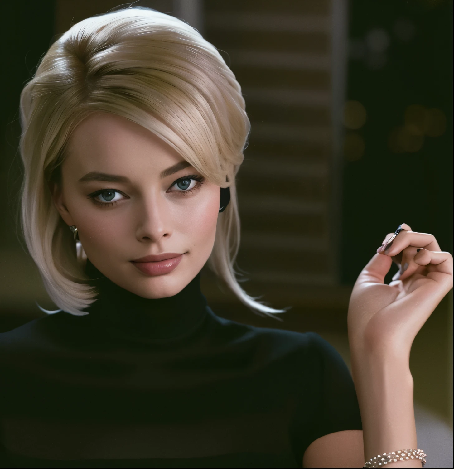blonde woman with a cigarette in her hand and a black blouse with a turtleneck, Margot Robbie, Foto de Margot Robbie, Vampiro bonito Margot Robbie, Margot Robbie Cara, Retrato de Margot Robbie, Retrato de Margot Robbie, Margot Robbie em GTA v, Operadora de Neon Margot Robbie, Emma Stone com cabelo loiro, margot robbie as captain america, Margot Robbie como Mulher-Maravilha, Margot Robbie como Mulher-Gato
