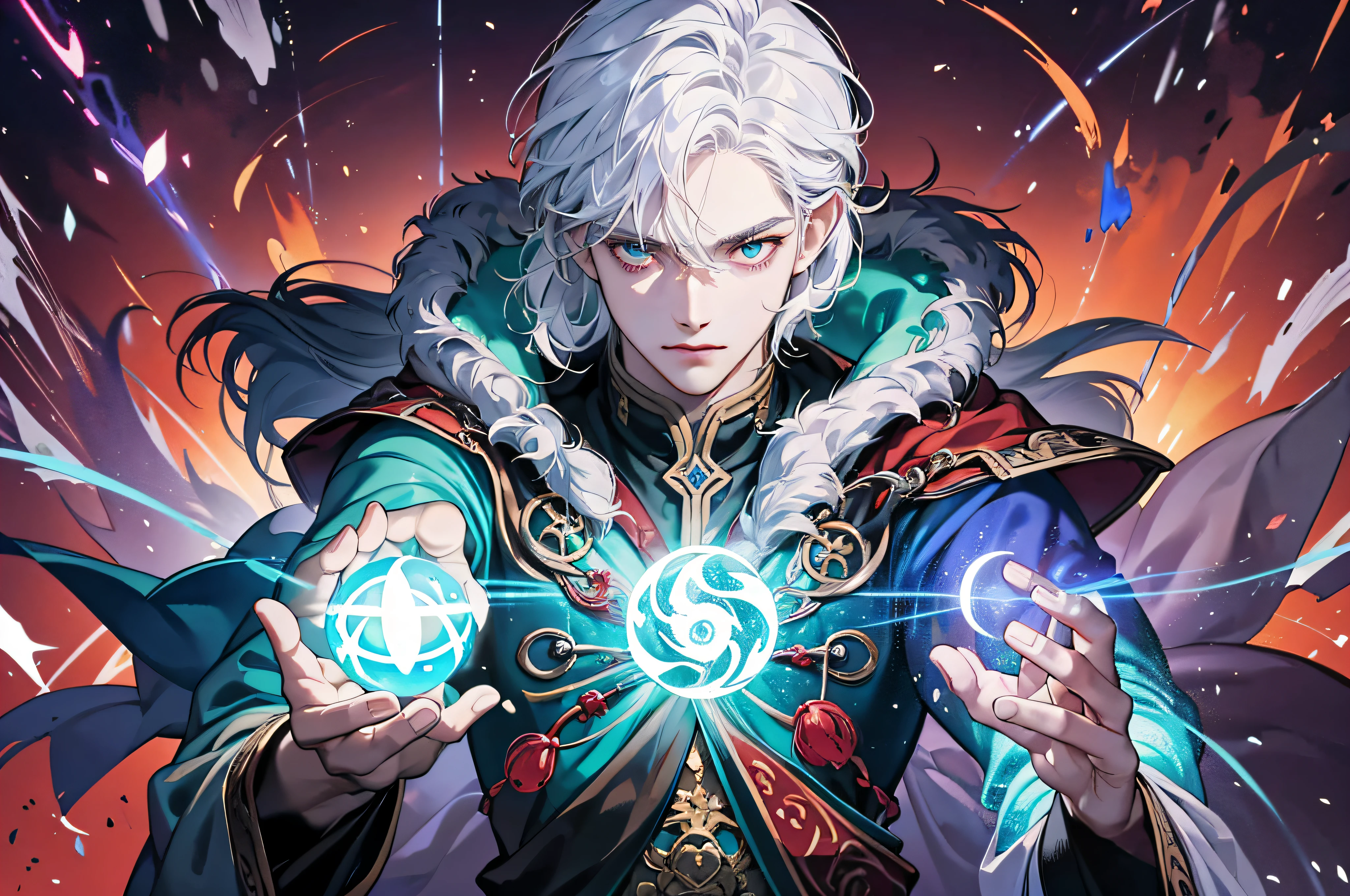Realism, (Masterpiece: 1.2), concept art, intricate details, highly detailed, (1 male, skinny boy: 1.2), no beard, aquamarine eyes, white hair, (style - swirl magic: 0.8), looking at the audience, single, half shot, detailed background, detailed face, (GlowingRunesAIV2_green, Glowing Rune Theme: 1.2) Evil Wizard, Light Blue Magic Robe, Chinese Ancient Style, Chinese Martial Arts Style, Insidious Fake Smile, Crimson Color Scheme, Crimson Scarlet Light, Summoning Circle, Evil Magic Ball, Dark Atmosphere, Shadows, Realistic Lighting, Floating Particles, Sparks, (Surrounded by Blue Lightning), Summoning, Green Arcane Symbols, Corrupted by Elven Power, Energy-Hungry Eyes, (Glowing Eyes: 1.1), --auto --s2