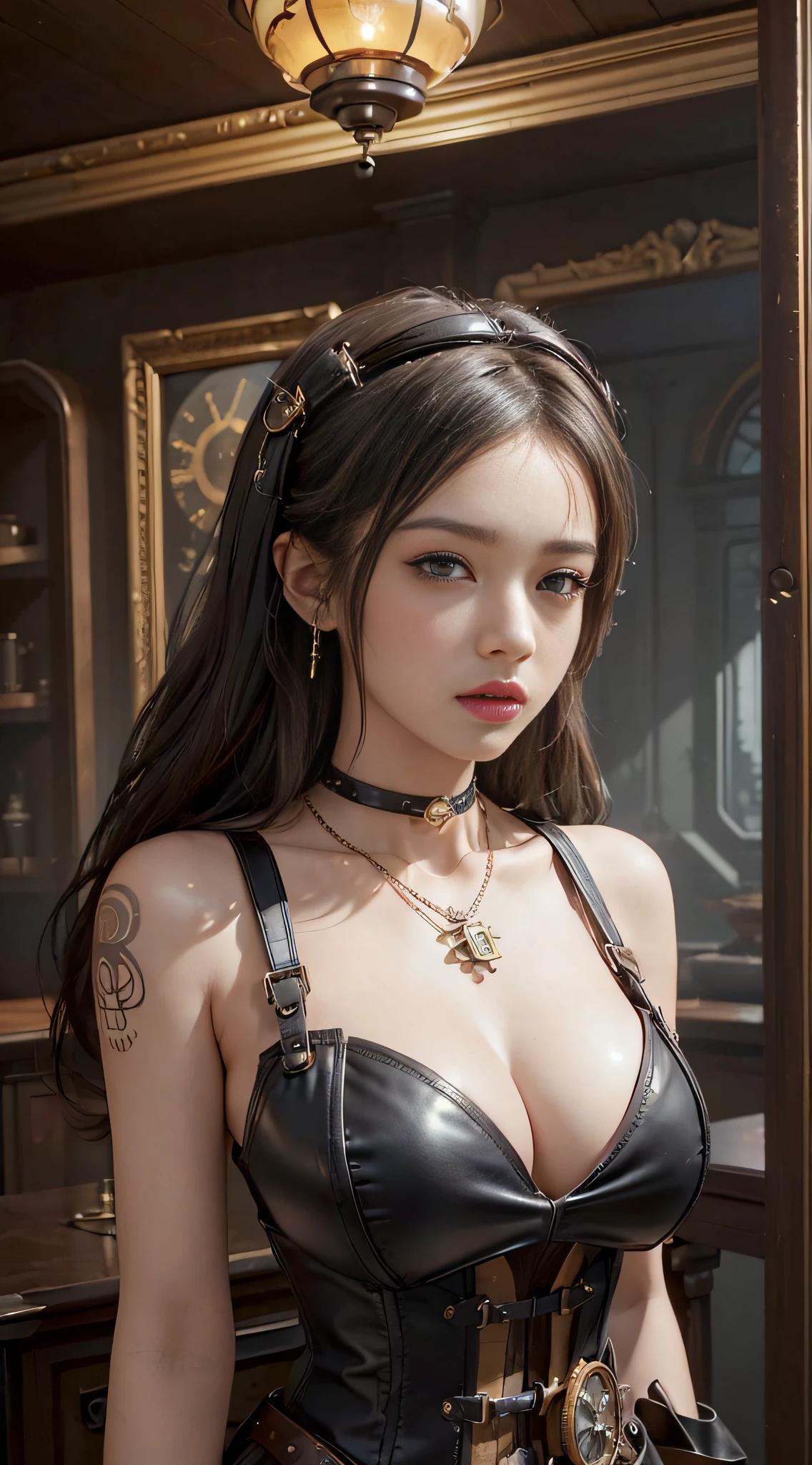 ((masterpiece:1.4)、(top-quality:1.4)、(reallistic:1.7))、masuter piece:1.4、(Top-of-the-line rendering:1.4)、(steampunc:1.4)、Ultra-realistic portrait of Queen Quito, The beautiful queen of the galactic frontier planet Kaval、Super beautiful girl queen、((1girl in:1.4))、Shiny natural skin texture、(Steampunk queen in black leather outfit:1.4)、Steampunk Pin-Up Girl:1.4、Steampunk Beautiful Girl、Cute girl in steampunk costume、Brown leather corset:1.4、garterbelts、(Wear a harness that fits your body:1.4)、Brown Burberry Plaid Mini Skirt、Steampunk Room、steampunk cyberpunk、Dressed in detailed steampunk costumes:1.4、(An outfit that emphasizes beautiful breasts:1.4)、age19、(Cute tattoos:1.4)、(Perfect female body:1.4)、perfectly proportions:1.4、Portrait photo of a girl、(standingn:1.4)、(Upper body photo:1.4)、Fantasyart、Soft front light、beautiful countenance、Beautiful udder、large full breasts:1.2、Sexy ass、A detailed eye、Beautiful and attractive eyes、beautidful eyes、Narrow waist、beauty legs、Raw photo、red-lips、Red high heels、(tiarra:1.4、a choker:1.4、a necklace:1.4、耳Nipple Ring:1.4)、1 screen display、A super beautiful queen standing in a steampunk palace