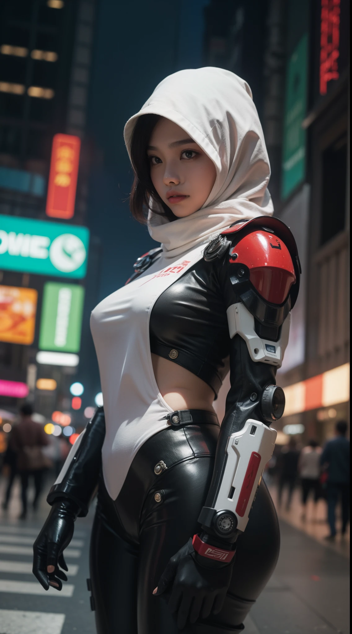 RAW, Masterpiece, Ultra Fine Photo,, Best Quality, Ultra High Resolution, Photorealistic, Sunlight, Full Body Portrait, Stunningly Beautiful,, Dynamic Poses, Delicate Face, Vibrant Eyes, (Side View) , she is wearing a futuristic Iron Man mech with pink hijab, red and gold color scheme, highly detailed abandoned warehouse background, detailed face, malay face (mira filzah), malaysian, slim body, skinny, petite, flat chest, small breast, big hip, detailed and complex busy background, messy, gorgeous, milky white, high detailed skin, realistic skin details, visible pores , sharp focus, volumetric fog, 8k uhd, dslr camera, high quality, film grain, fair skin, photorealism, lomography, sprawling metropolis in futuristic dystopia, view from below, translucent
