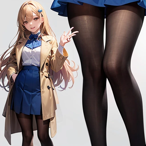 ((masterpiece:1.5)),((Finest quality)),(Ultra-high precision),8k picture, Top quality anime, Highest level of resolution, sharpness, laughing, two side up, tights ,beautiful face, biologically correct hand, cheerful, long hair, hair ornament, layered skirt, trench coat,