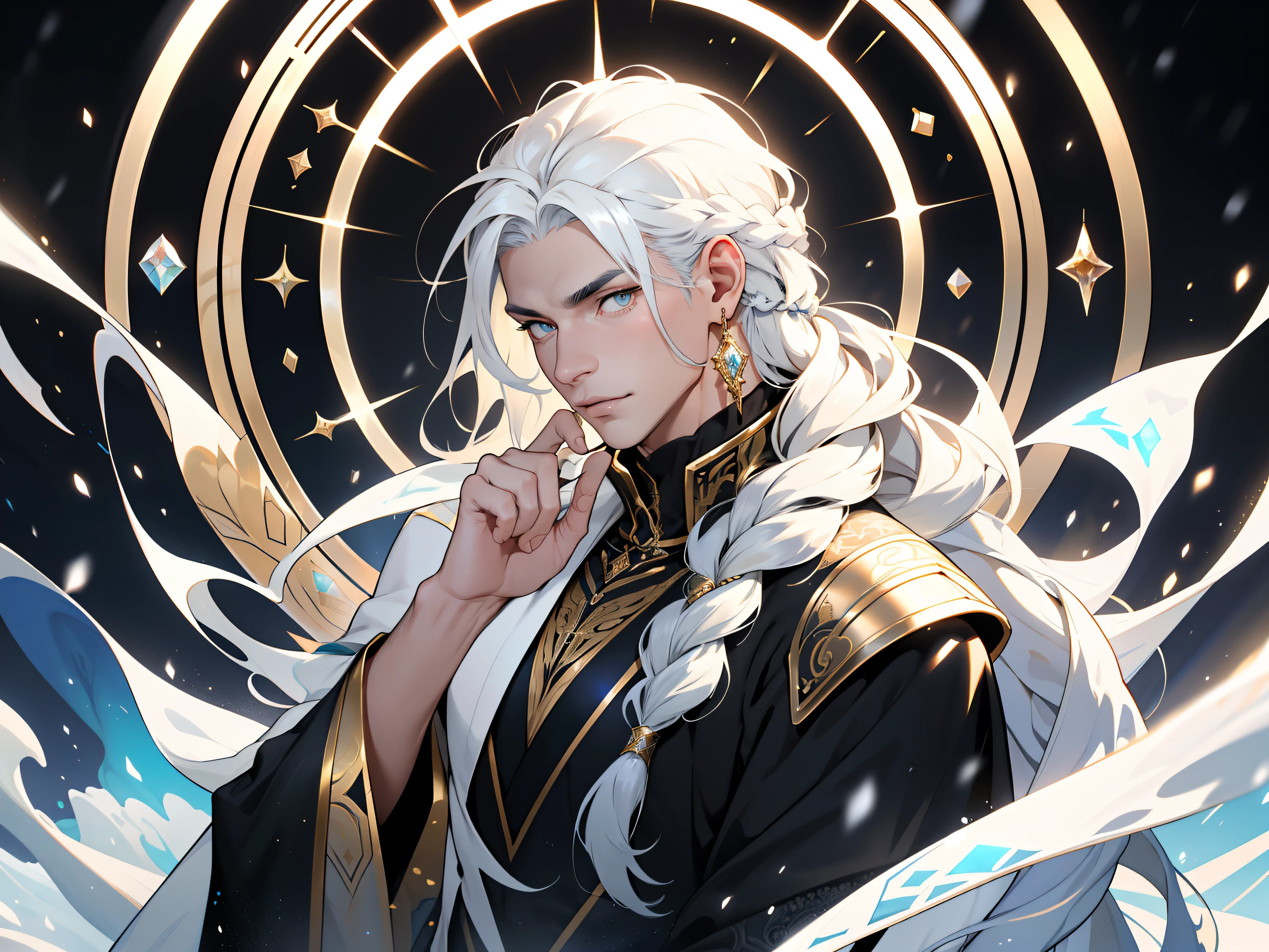 1guy, Gorgeous Dapper Elysian Male with Perfect Balance of Male and Female Characteristics, (Stunning long snow-white hair, Braiding), Tetradic colors in white and powder blue, Perfect Anatomy, Approaching perfection, Harsh gold eyes, 8K resolution, (Single person), masutepiece, Perfect face:1.2), Intricate details, Extravagant detailed background, Full lips, Curvy Man, Cinematic lighting,nijistyle、divination、Middle Age、magia、Staring at a crystal、sorcerer