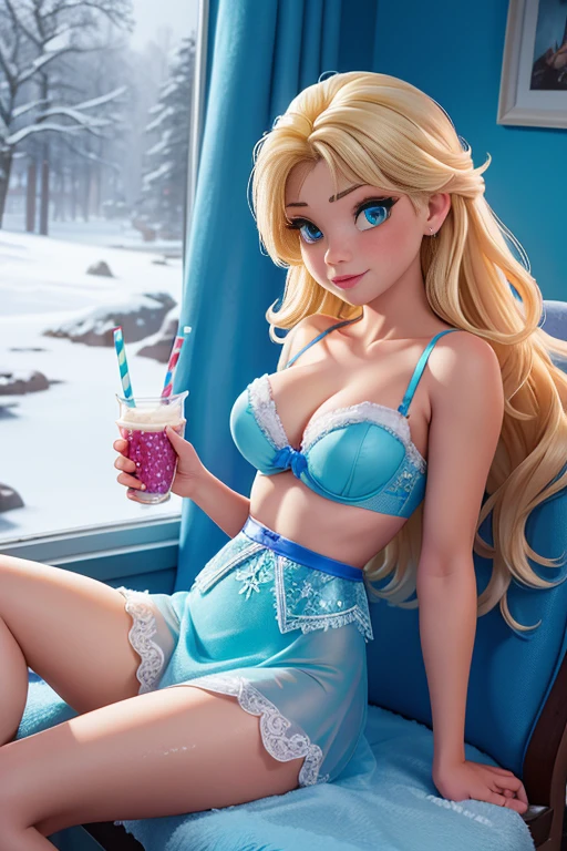 Tem uma mulher de lingerie azul claro,  Lingerie com renda, Elsa Frozen Appearance, cativante e atraente, cabelo loiro, roupas rasgadas, lingerie rendada, desconte muito grande, tomando milk shake, Sentado, Legs Domination, a little snow in the scenery, only blonde version