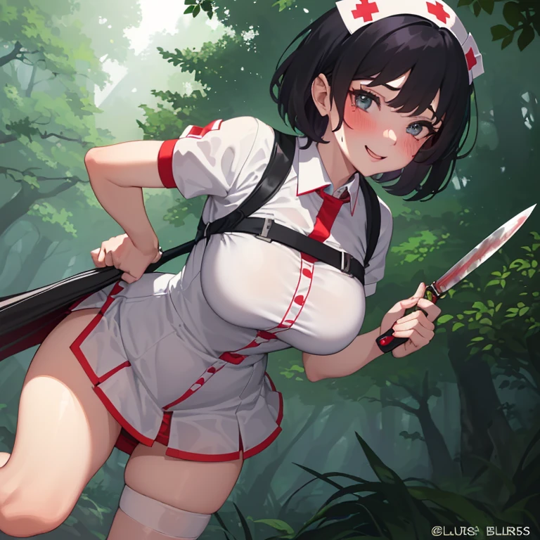 ((1 woman in sexy nurse outfit, very short mini skirt)),((medium breasts)),((happy face, in a forest, blushes, face, holding a knife with blood)),((walking, pussy wet)),((very large pubic hair)),((short black hair with a white stripe)),((facing the viewer, in a forest)),