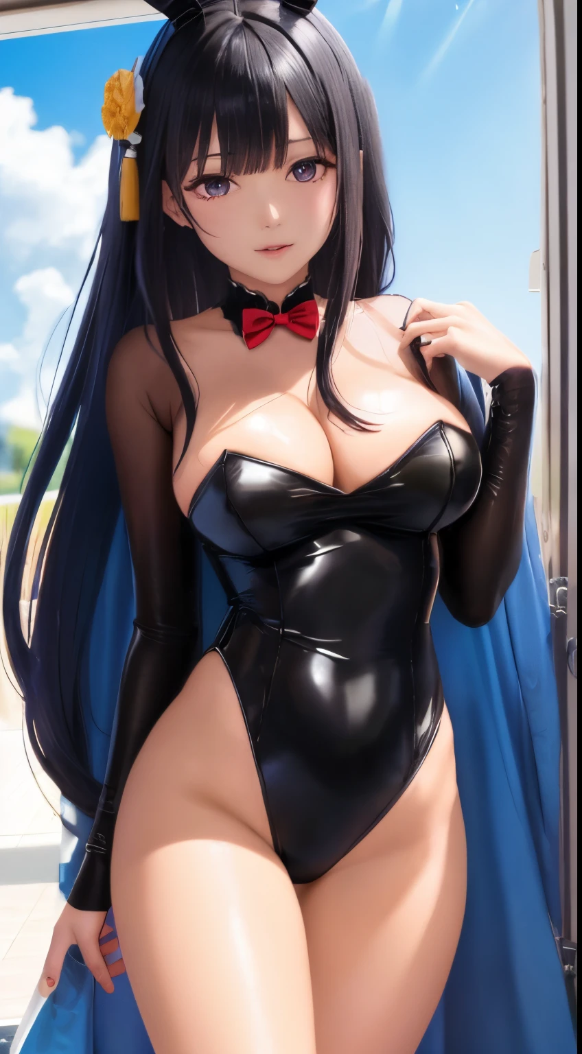 Women with long black hair, light skin tone, with asian features, in a bunny suit, medium boobs, cosplaying Sakurajima Mai from Seishun Buta Yarou wa Bunny Girl Senpai no Yume wo Minai, in a super realistic style, with a realistic skin and face.