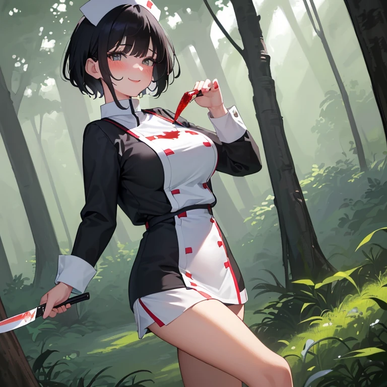 ((1 woman in sexy nurse outfit)),((medium breasts)),((happy face, in a forest, blushing, face, holding a knife with blood)),((walking, wet pussy, nipples erect)),((very large pubic hair)),((short black hair with a white stripe)),((facing the viewer, in a forest)),