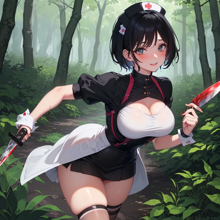 ((1 woman in sexy nurse outfit, very short mini skirt)),((medium breasts)),((happy face, in a forest, blushes, face, holding a knife with blood)),((walking, pussy wet)),((very large pubic hair)),((short black hair with a white stripe)),((facing the viewer, in a forest)),