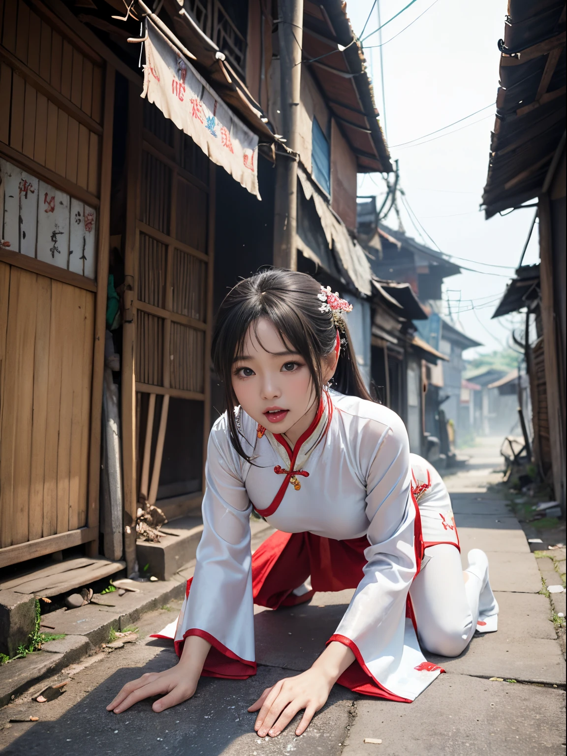 vietnamese woman，Beautuful Women，(Crawling on all fours)，crawling on hands and knees，Kneeling position，Posture with buttocks sticking out，((put out the tongue))，(((Drooling)))，dripping saliva，Kamimei，(((Ao Dai)))，(Landscape of Vietnam)， ((Slums))，surrealism, F/1.2, Fuji Film, 35 mm, 8K, Super Detail, nffsw, masutepiece, Textured skin, High quality, Best Quality, hard disk