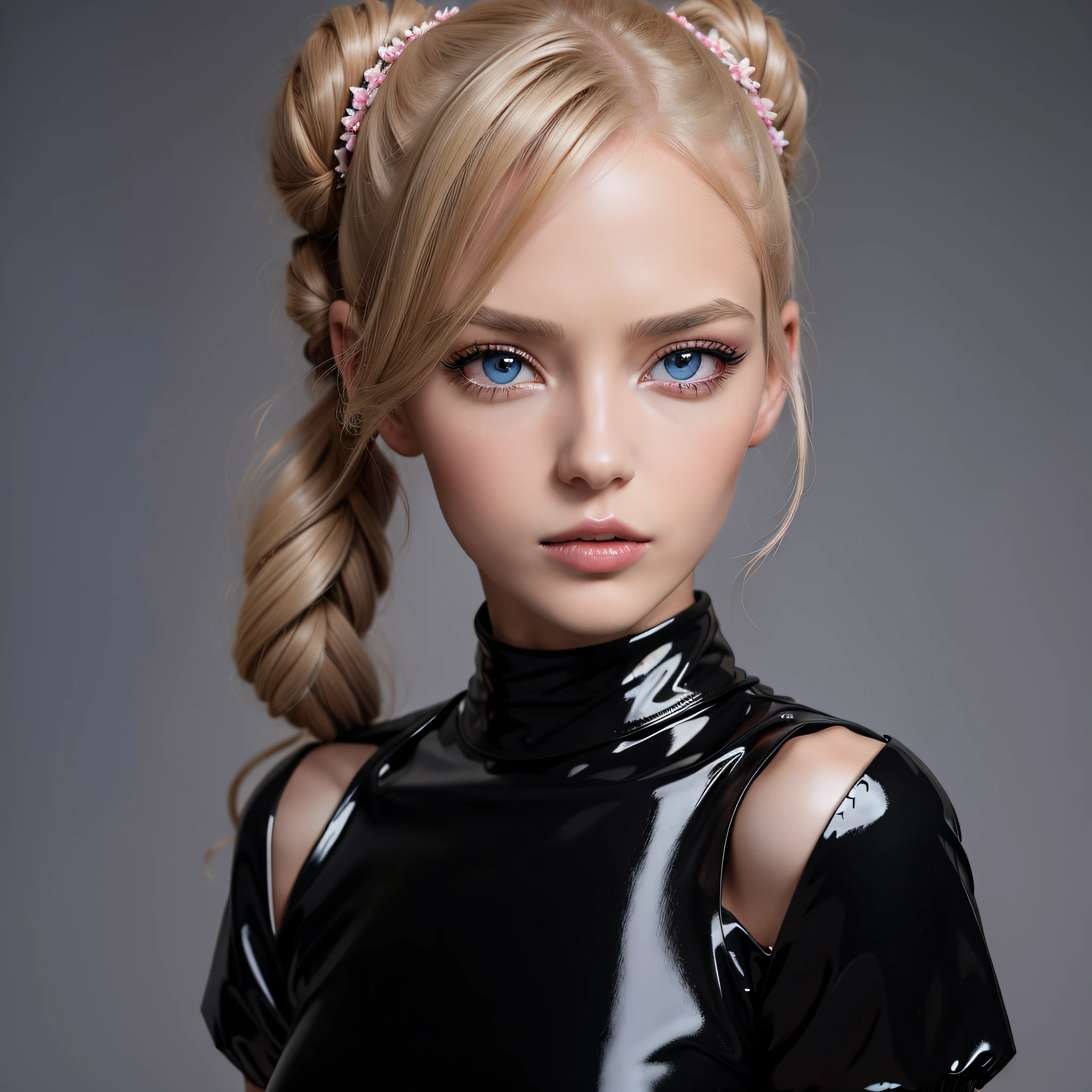 ((best quality)), ((Meisterwerk)), (Detailliert), Perfektes Gesicht,4 Gorgeous young twin girls,blondes Haar,Space Buns,rosa Latexbluse, Latex blouse buttoned up, Latex Bluse detailliert,shiny light blue latex skirt,shiny pink latex stockings,Red Shiny Lacquer PVC Shoes,Perfektes Gesicht,Detaillierte Augen,Detaillierte Lippen,lange Wimpern,vollbusig,niedlich,portrait,hight resolution,realistisch,Studiobeleuchtung,Lebendige Farben