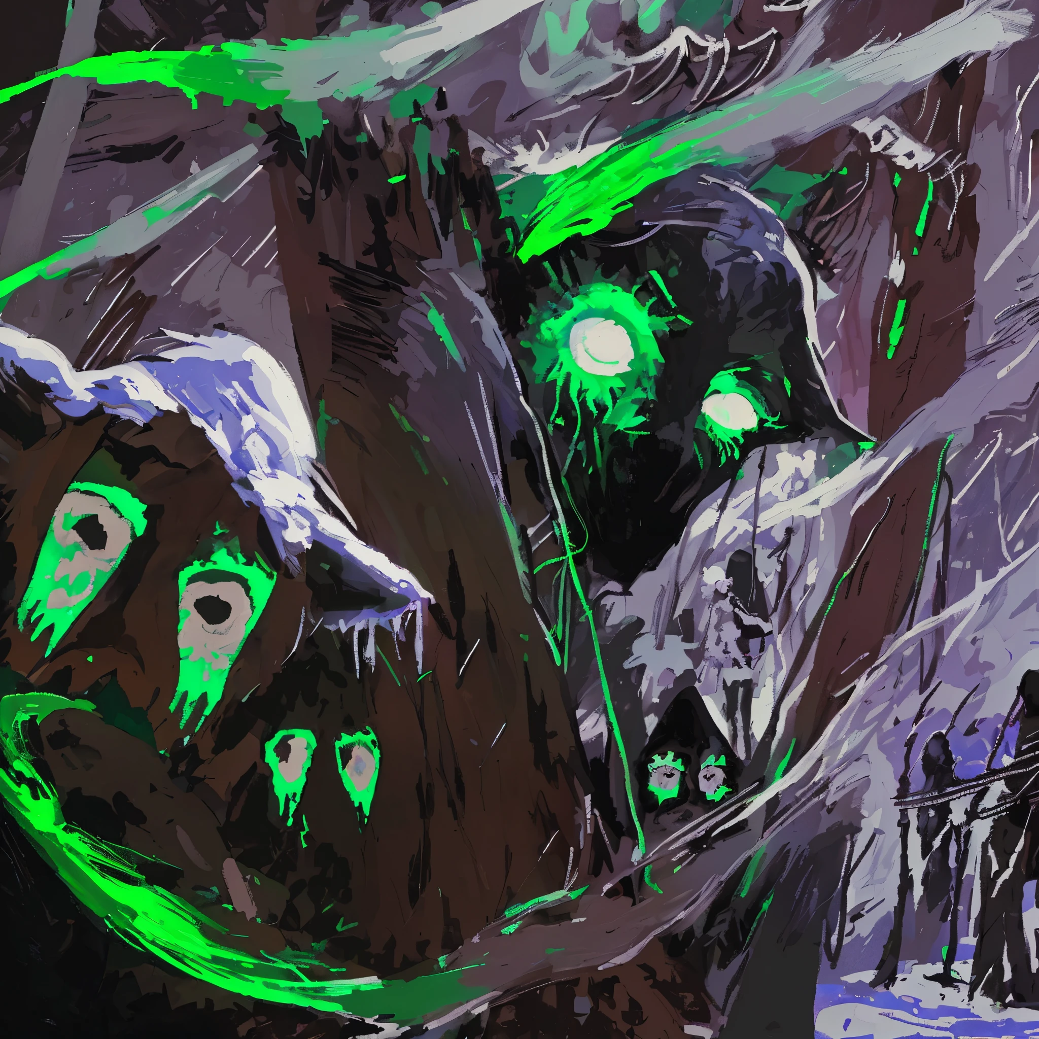 Good Quality, many people standing together in the forest, people in masks, Burning eyes, Dark forest concept art, glowing lights! Digital Painting, painted as a game concept art, Winter concept art, dnd in a dark forest, digital painting concept art, Pictorial concept art, Conceptual painting, dark high-contrast concept art, dark concept art, concept art for a video game