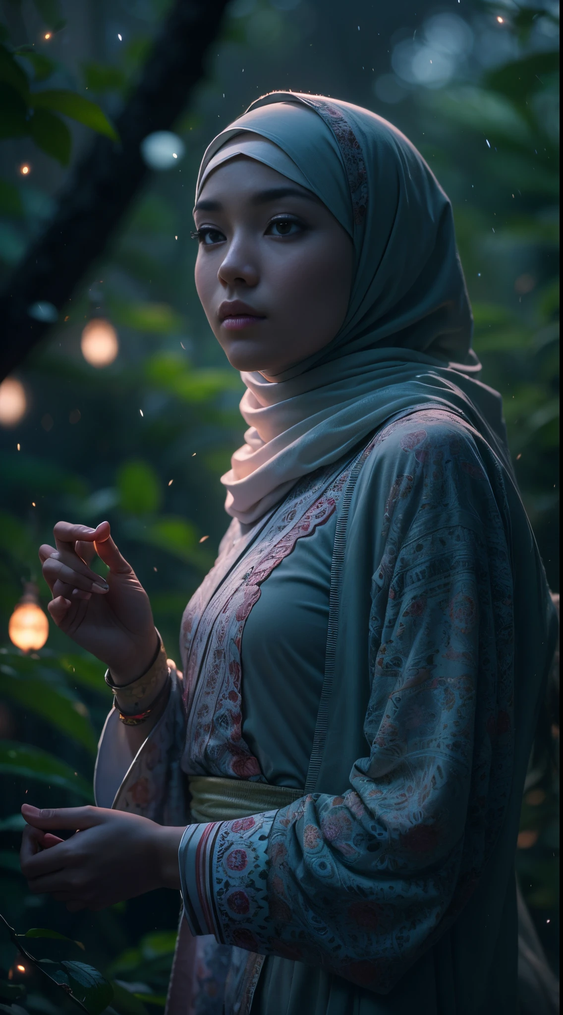 Imagine a serene moonlit night in a dense Malay jungle where a girl in hijab practices traditional martial arts surrounded by mystical fireflies. Capture the elegance and grace of her movements as the fireflies create a magical aura around her, 35mm lens, Extreme close-up, pastel color grading, depth of field cinematography effect, film noir genre, 8k resolution, high quality, ultra detail,