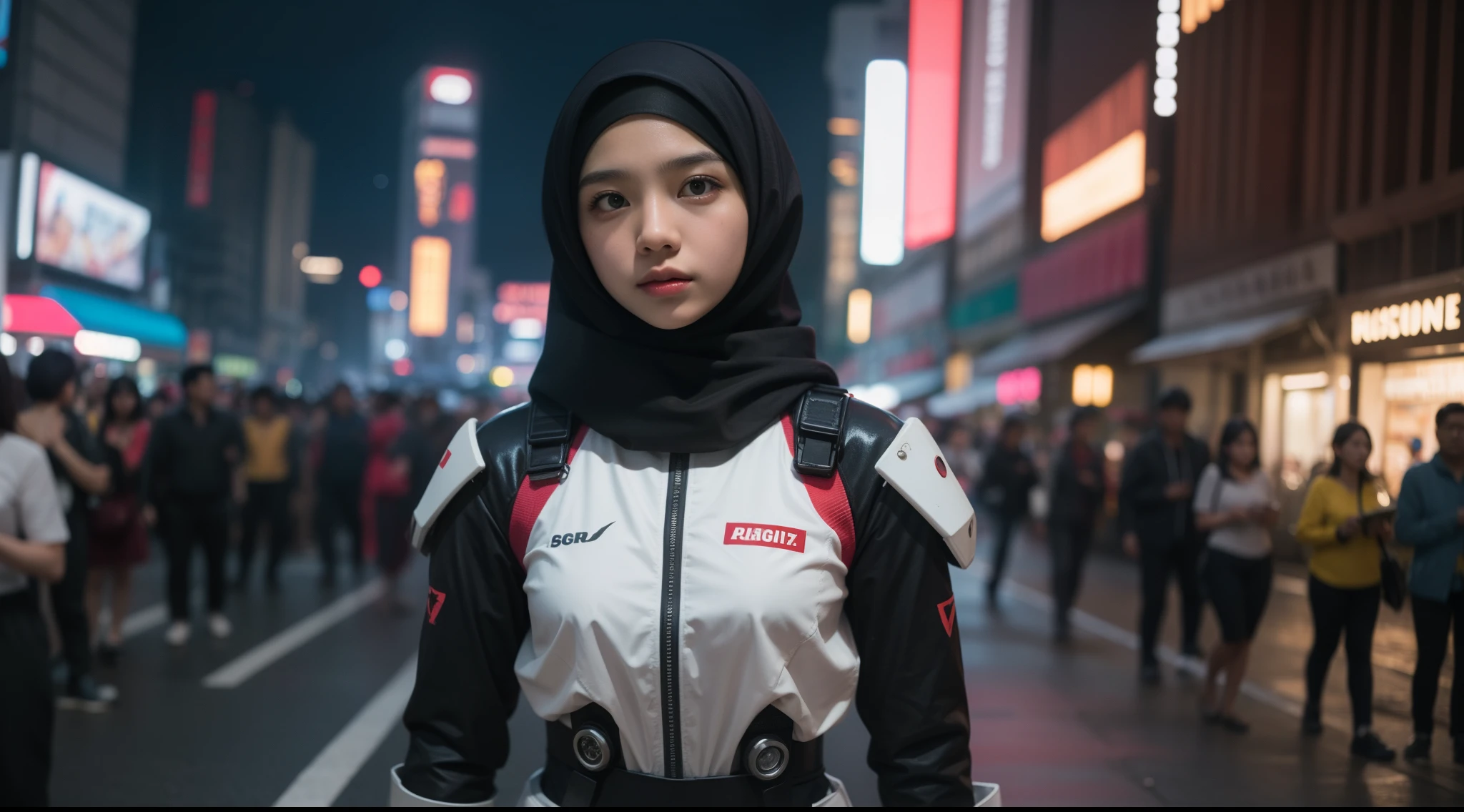 a malay age girl in hijab and mecha suit standing in action in front of bustling kuala lumpur malaysia city streets, serious face, nighttime, 35mm lens, Extreme close-up, pastel color grading, depth of field cinematography effect, film noir genre, 8k resolution, high quality, ultra detail