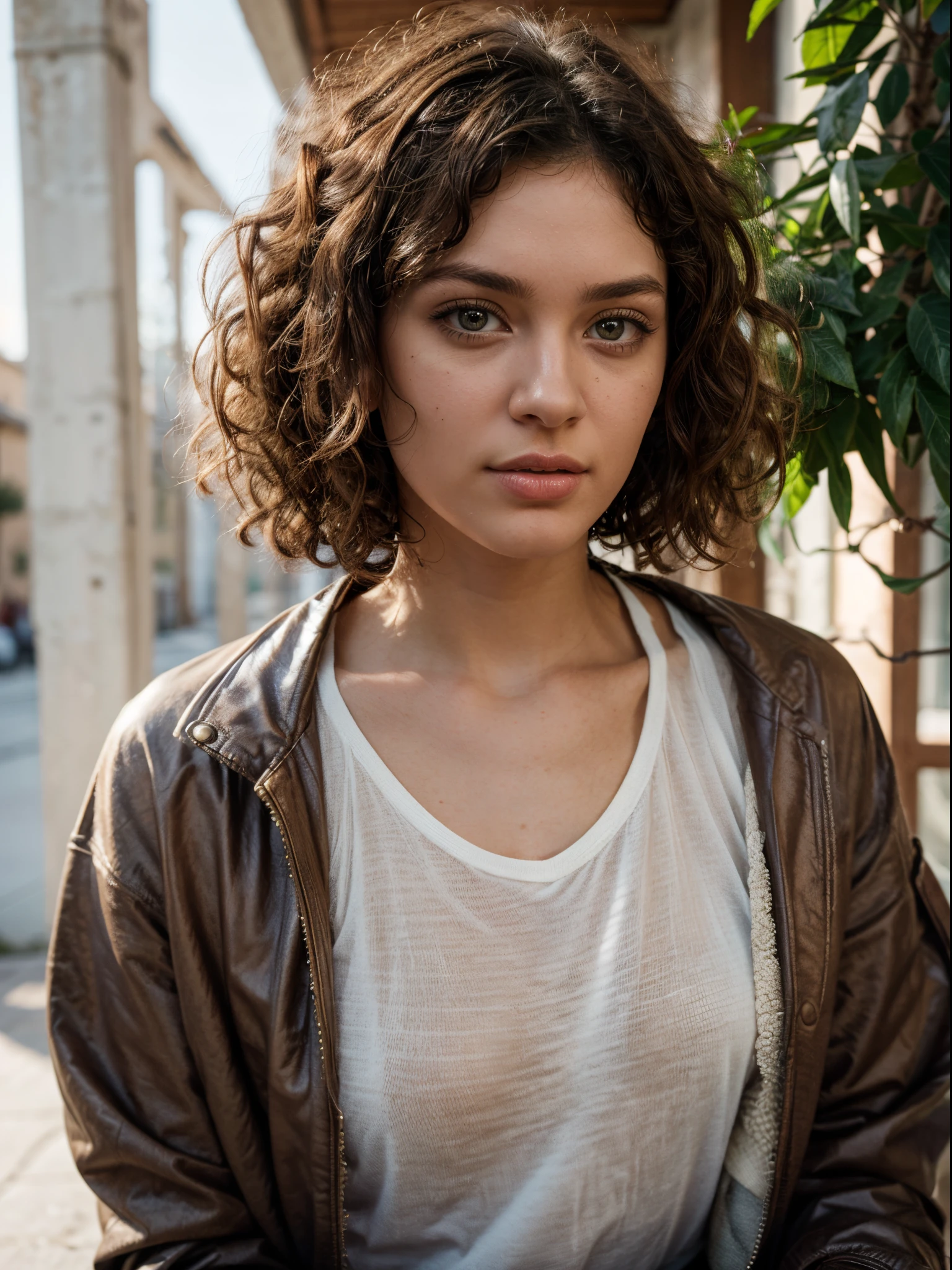 brown eyes, brown solid circle brown eyes, small nose,((((medium and curly hair)))),(medium hair), Mediterranean Caucasian girl, 30 years old, ultra-high resolution.fotorrealistic: 1.4, ((((Enara Aiza)))), highest quality, Ultra-detailed, Fine pores, hyper-realistic, natural pose,black shirt,white light,textured skin, super detail, best quality, UHD, 8k, 4K,medium curly hair,from side, side, brown jacket with long sleeves,short jacket, brown jacket,attack on titan, t-shirt,looking side,normal expresion face,sitting,the camera is a bit far away