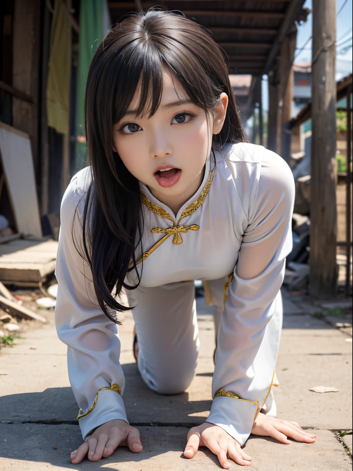vietnamese woman,Beautuful Women,(Crawling on all fours),crawling on hands and knees,Kneeling position,Posture with buttocks sticking out,((put out the tongue)),(((Drooling))),dripping saliva,Kamimei,(((Ao Dai))),(Landscape of Vietnam), ((Slums)),surrealism, F/1.2, Fuji Film, 35 mm, 8K, Super Detail, nffsw, masutepiece, Textured skin, High quality, Best Quality, hard disk