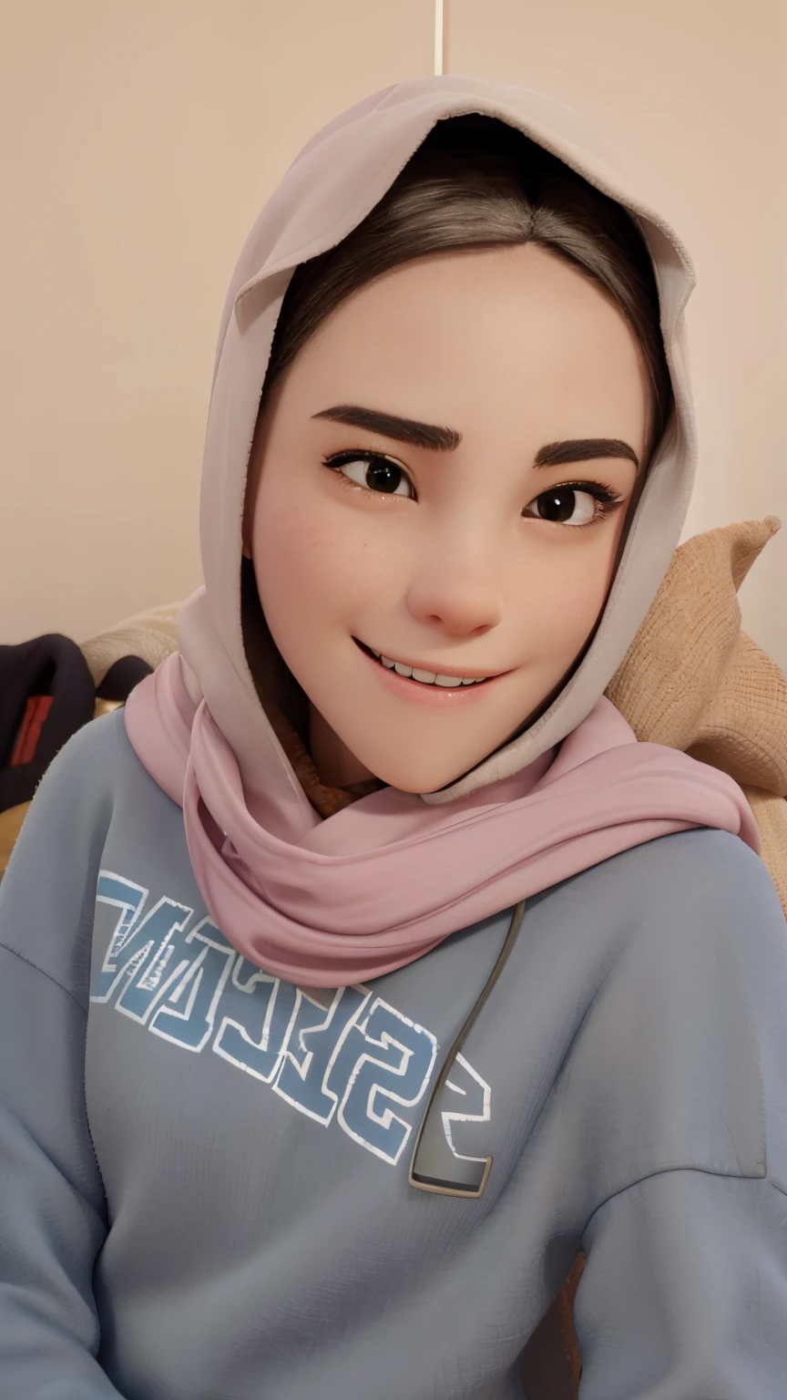 a close up of a woman wearing a scarf and a hoodie, with accurate face, hijab, beuatiful face, with kind face, slight cute smile, handsome girl, perfect expression, 18 years old, slight glow, faridah malik, serena malyon, beutiful face, very pretty face, picture, white hijab, lovely woman, friedly smile