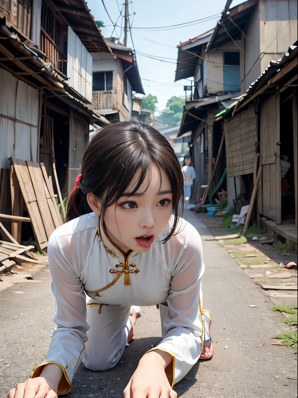 vietnamese woman,Beautuful Women,(Crawling on all fours),crawling on hands and knees,Kneeling position,Posture with buttocks sticking out,((put out the tongue)),(((Drooling))),(dripping saliva),Kamimei,(((Ao Dai))),(Landscape of Vietnam), ((Slums)),surrealism, F/1.2, Fuji Film, 35 mm, 8K, Super Detail, nffsw, masutepiece, Textured skin, High quality, Best Quality, hard disk