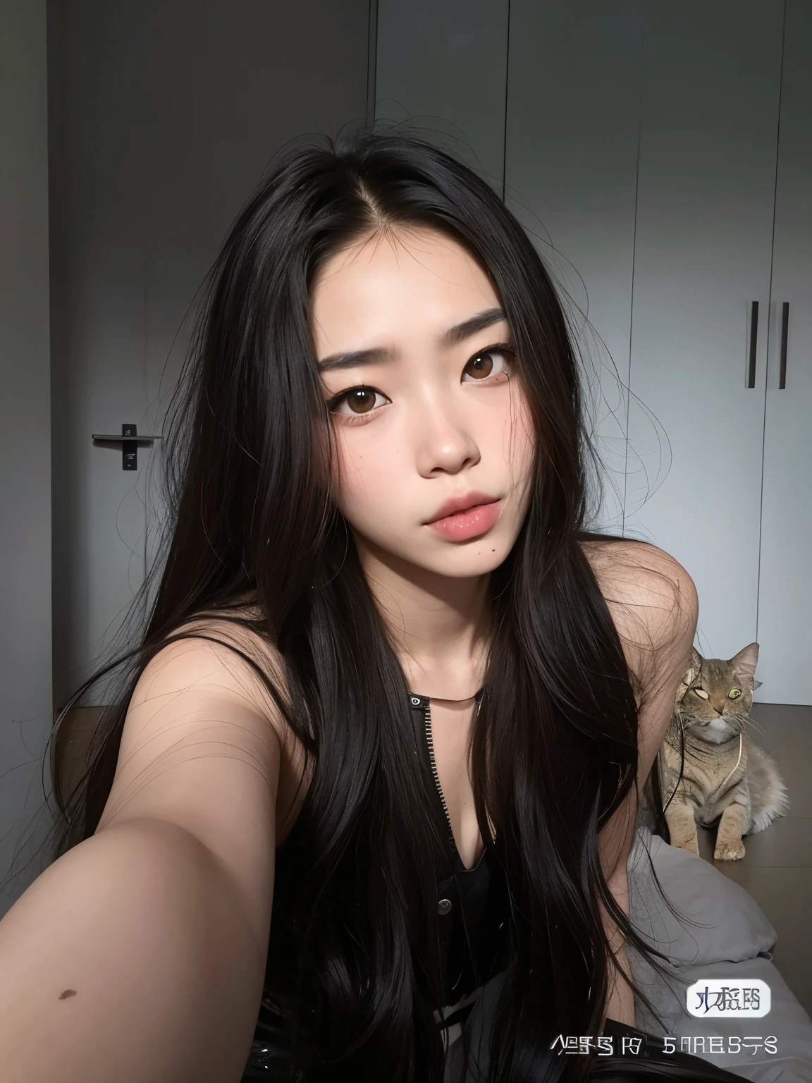 There's a woman taking a selfie with a cat in the background, muy hermosa linda catgirl, Chica coreana, beautiful asian girl, dilraba dilmurat, Atractiva chica gato, Hermosa joven catgirl, Asian girl, Hermosa mujer surcoreana, cruel korean goth girl, ulzzang, 18 years old, Asian girl with long hair, con el pelo largo