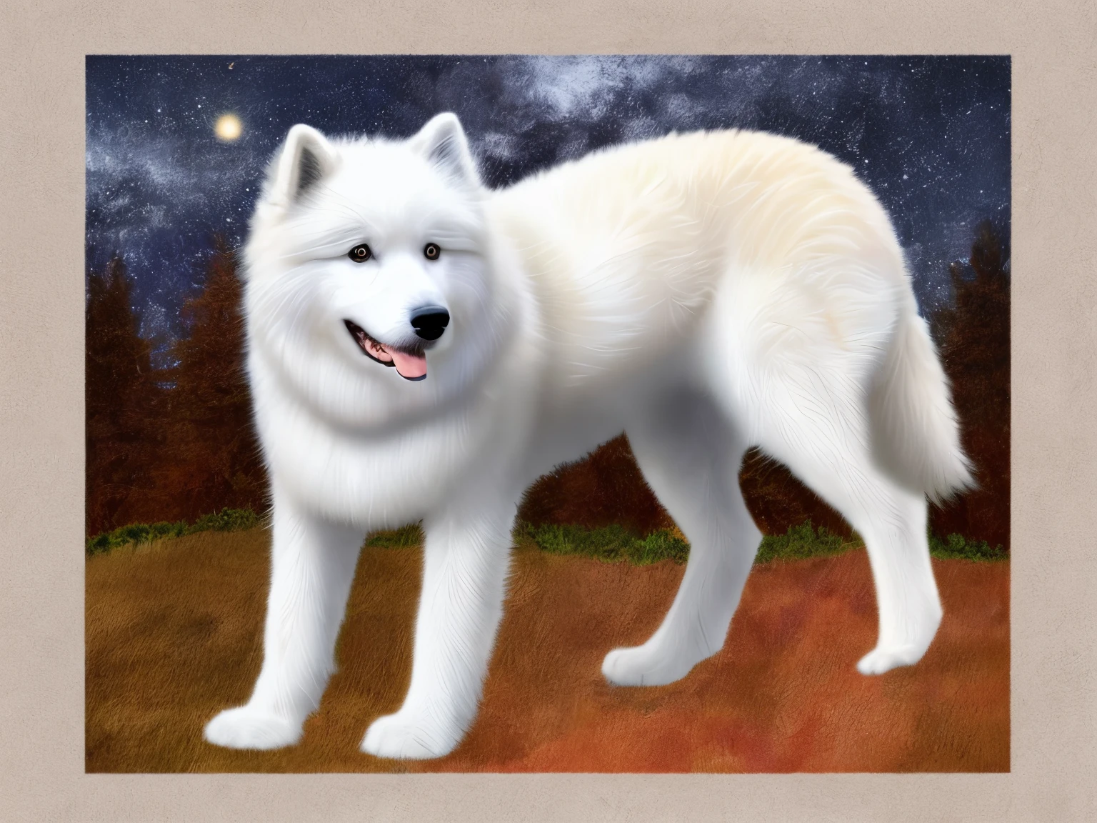 Generate an image of what a Samoyed would look like as a human in a light colored sweater and patchwork boots