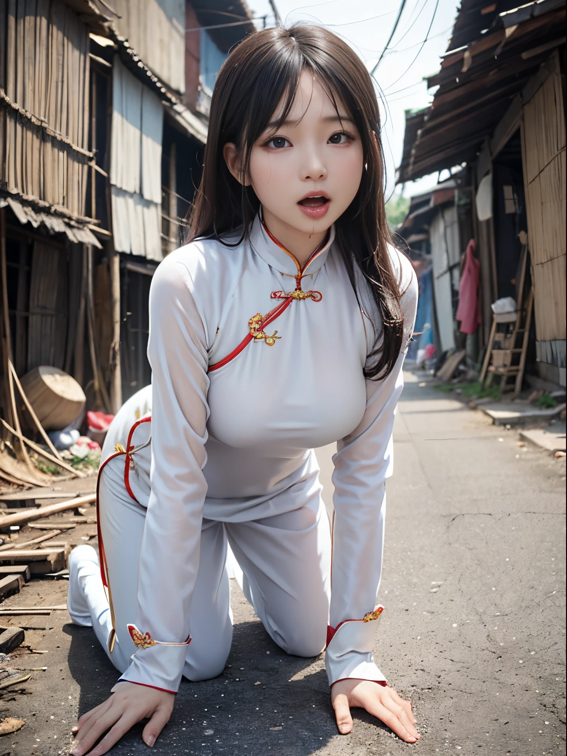 Beautiful Vietnamese woman，Beautuful Women，(Crawling on all fours)，crawling on hands and knees，Kneeling position，((put out the tongue))，(((Drooling)))，(dripping saliva)，Kamimei，(((Ao Dai)))，(chained dog collar)，(Landscape of Vietnam)， ((Slums))，surrealism, F/1.2, Fuji Film, 35 mm, 8K, Super Detail, nffsw, masutepiece, Textured skin, High quality, Best Quality, hard disk