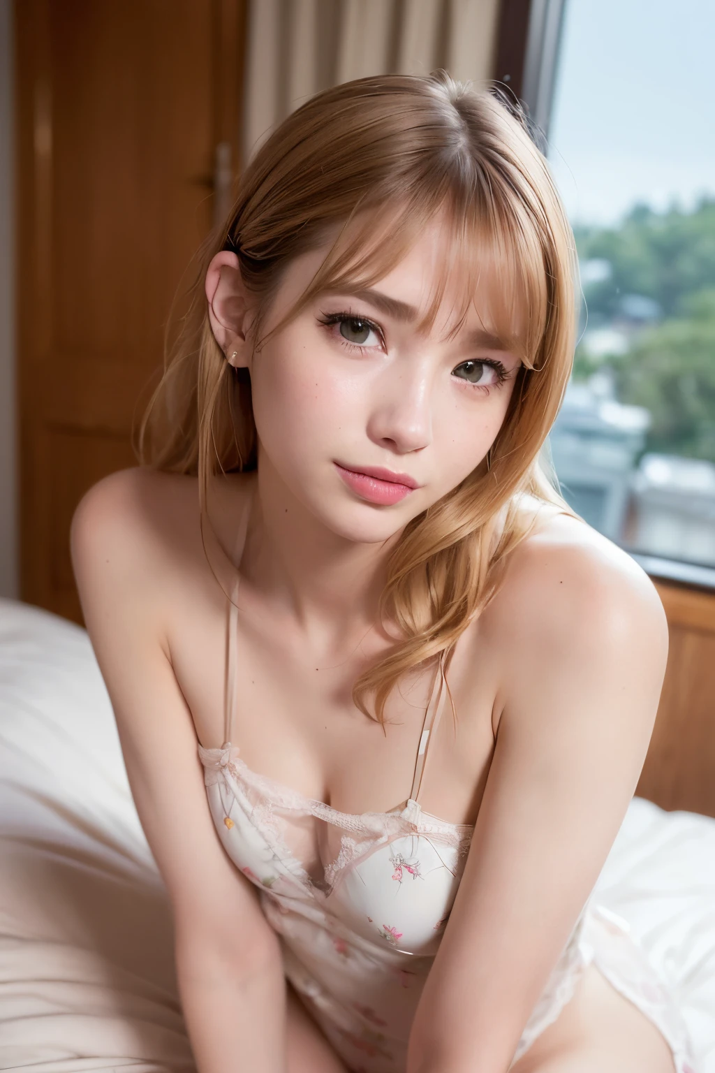 (realisitic、Photorealsitic:1.37)、(in 8K、Raw photography、top-quality、​masterpiece:1.2)、
1girl in、emma roberts、extremely detailed eye and face、beatiful detailed eyes、cinematric light、Photorealistic skin wrinkles、Small、Facing the camera、(s Pajamas)、on the beds、Front-facing camera、Lighting from behind