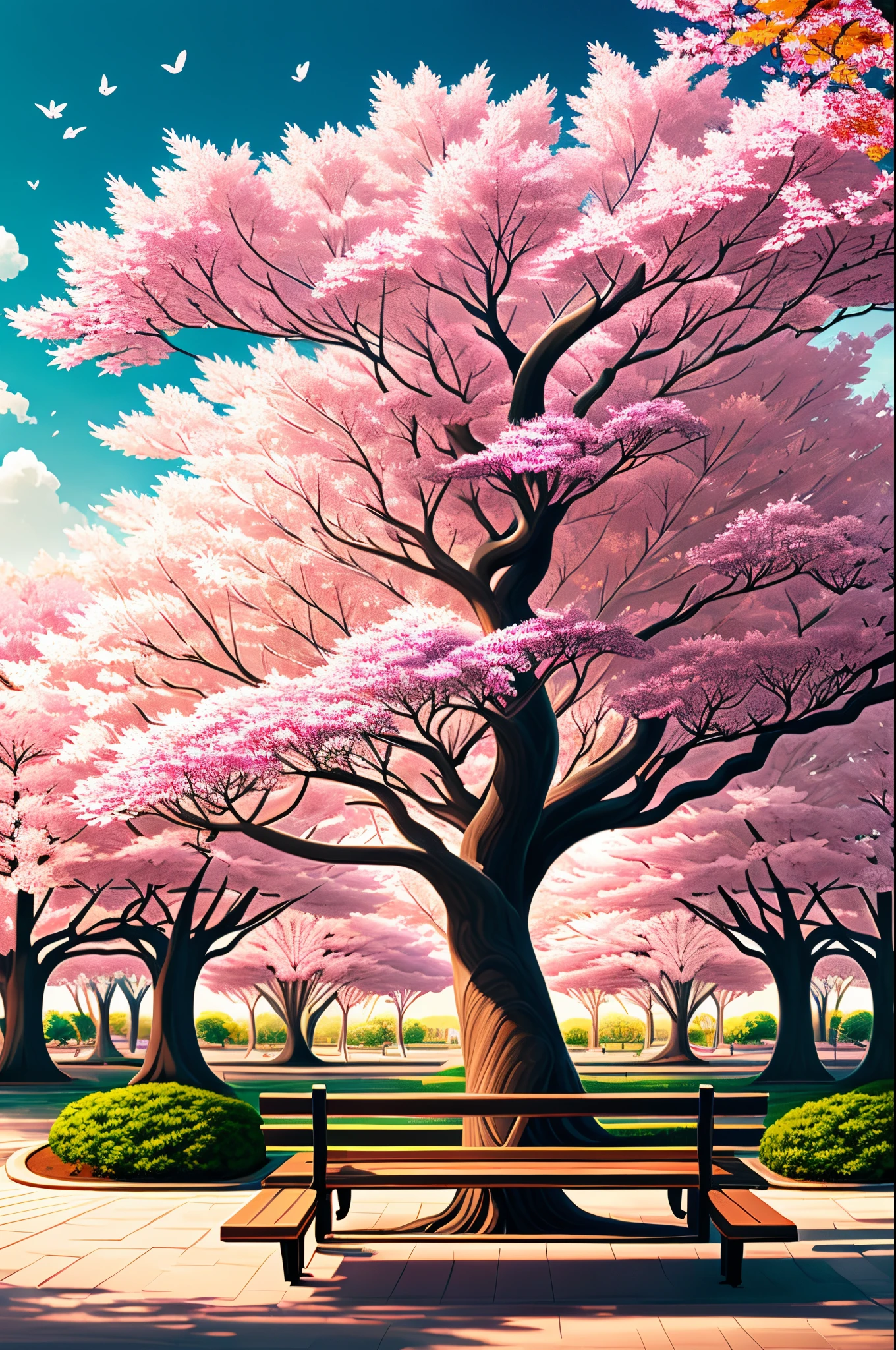 paisagem oriental, arvore de sakura, arvore flor de cerejeira, hd, wallpaper, park bench below, folhas caindo