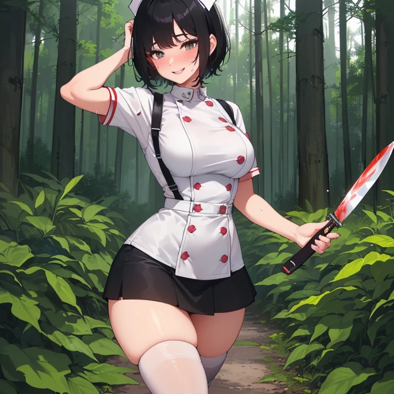 ((1 woman in sexy nurse outfit, very short mini skirt)),((medium breasts)),((happy face, in a forest, blushes, face, holding a knife with blood)),((walking, pussy wet)),((very large pubic hair)),((short black hair with a white stripe)),((facing the viewer, in a forest)),