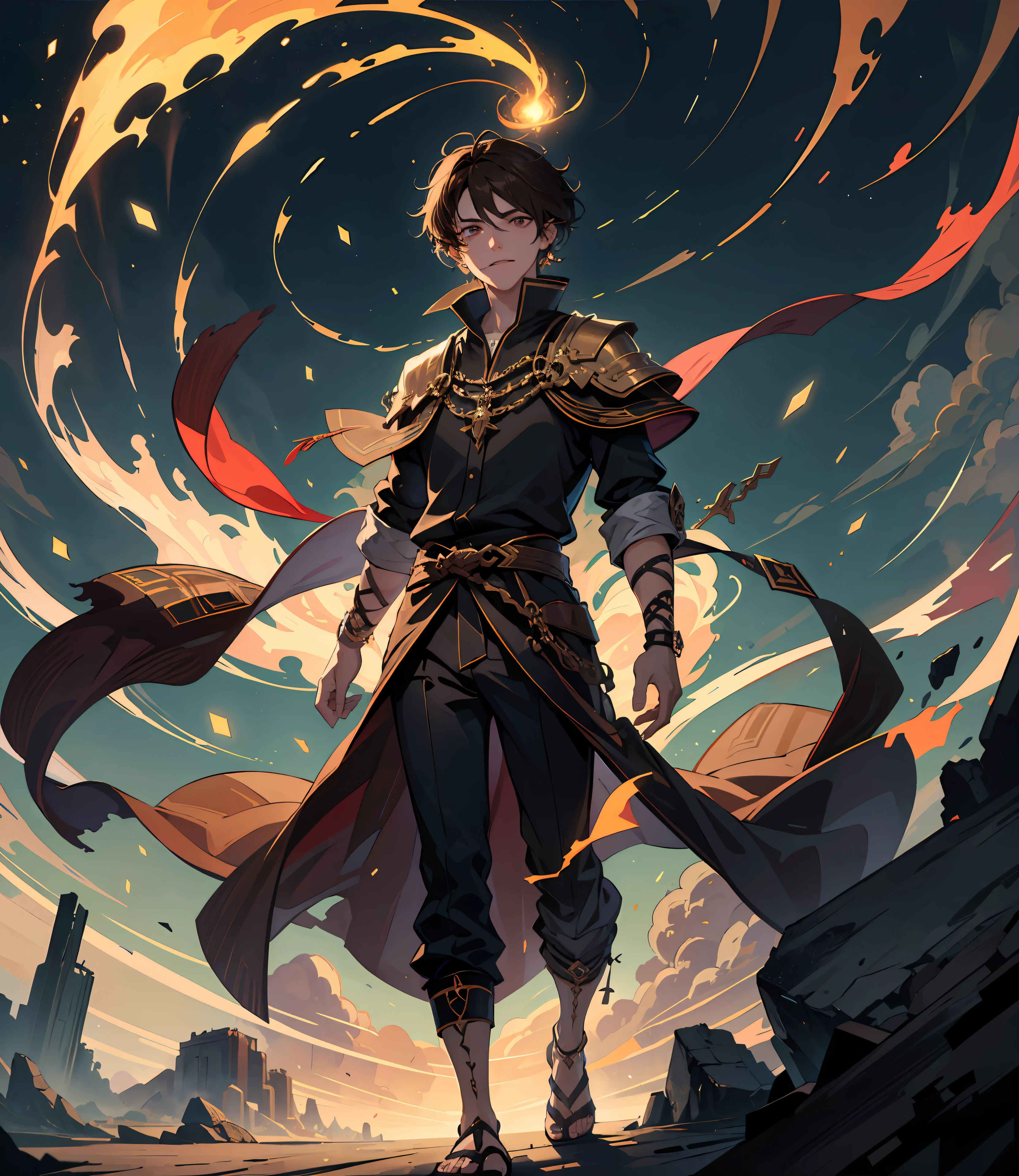 (absurderes,A high resolution,ultra - detailed),tmasterpiece,best qualtiy,Libido boy,独奏,Handsome,short detailed hair,dark brown hair,Ear piercing,with brown eye,Fine eyes and detailed face,((sandals)),evilsmile,Dramatic skies,Isolated land,looking-down,spark of light,swirles,Um ser celestial,Full of elements