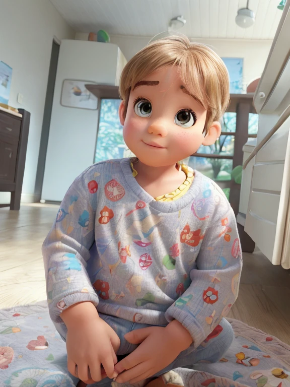 Obra de arte de alta qualidade, imagem estilo Disney Pixar Cartoon, baby cute, menino 2 anos, banco, cabelo loiro, roupa de escoteiro, sentado na natureza, around you lawn and trees, imagem 3d, 4k