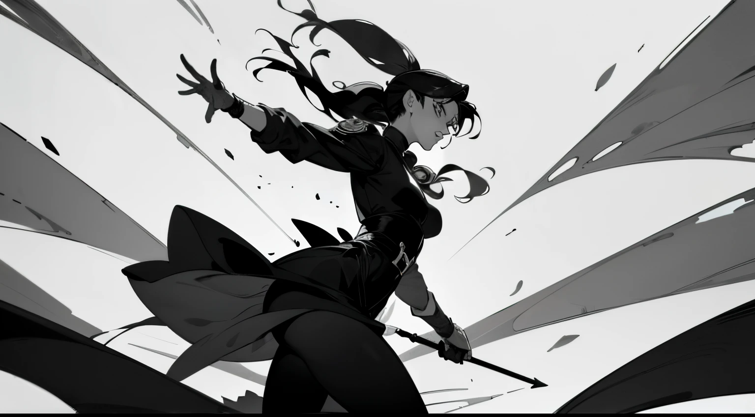 "Black and white manga style panel with the anime witch Efla, inspirado no estilo de arte de Hirohiko Araki. A obra de arte deve mostrar detalhes intrincados, with bold and dynamic lines. A personagem bruxa efla deve ter olhos expressivos, Um rosto detalhado, and beautifully rendered lips. The scene should have a dramatic lighting effect, enfatizando sombras e aprimoramentos. The overall image must have high resolution, with ultra-fine painting techniques to capture every minute detail. The color palette must be monochromatic, focando em tons de preto, Branco, e cinza. The composition must convey a sensation of action and intensity, with the witch efla in a dynamic pose. The background can feature abstract or symbolic elements to enhance the overall atmosphere. This artwork must be a masterpiece in terms of quality and capture the essence of Hirohiko Araki'Unique artistic style.."