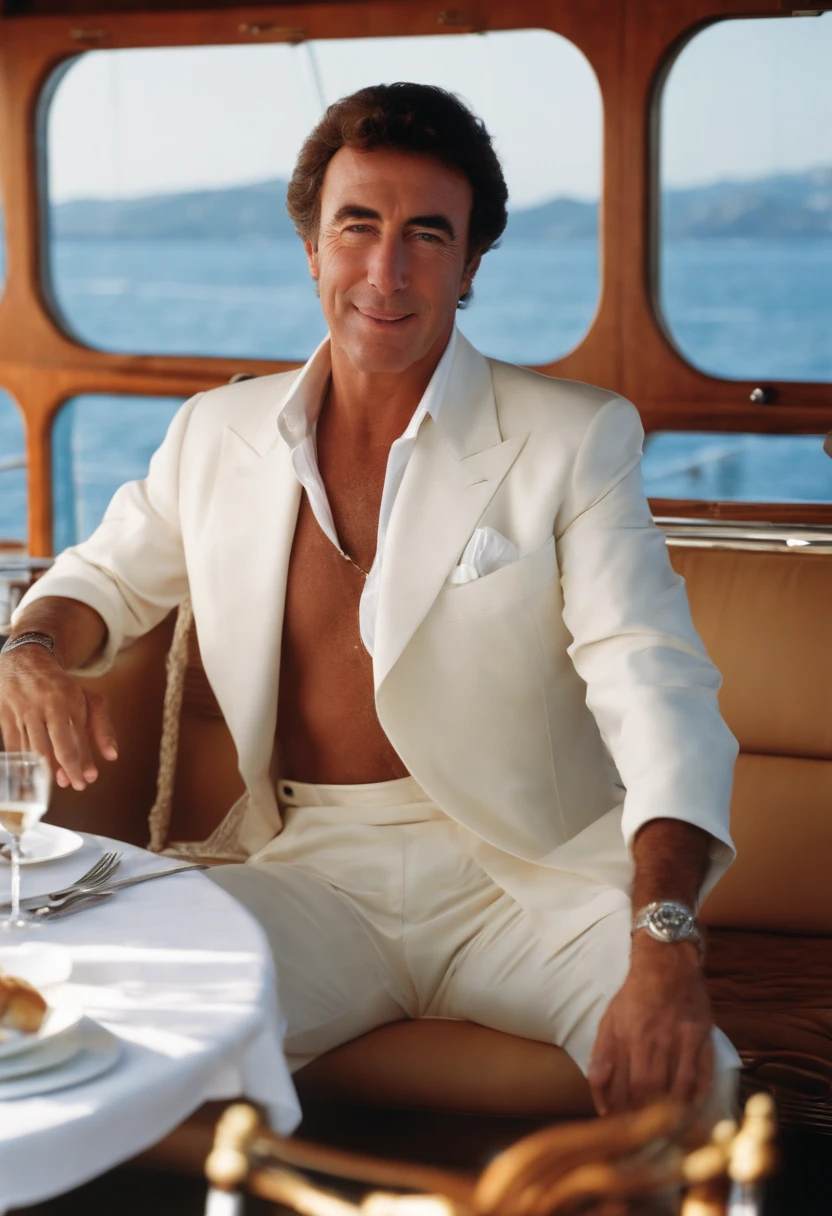 A photo of Ted sitting in a luxury yacht, surrounded by a group of attractive and adoring women.,real life,Ted Bundy, 1970s aesthetic, male
