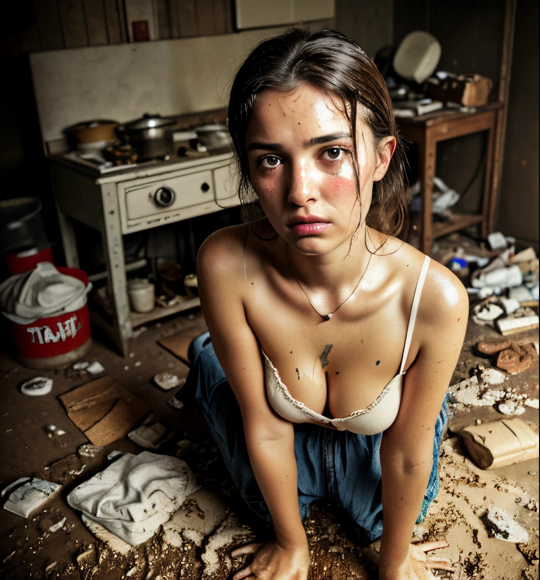 (8K, RAW photos, best image quality, masterpieces, : 1.2), (realistic, photorealistic: 1.37), 20-year-old Afghanistan woman with a sad face of homeless, sad expression of despair, depressed, on all fours, poor, dirty room littered with garbage, torn and dirty tattered, dirty clothes, exposed plain clothes, torn fabric, collarbone, no bra, cotton panties, panties on the legs, Torn micropants, dirty hair, dirty face, dirty skin, wet skin, muddy skin, muddy feet, bare feet, small tit's, cleavage, unkempt hair, sweat, sweat drops, tan, close-up, from below, old kitchen, tile fragments, dark ruins, messy rooms, broken dolls, trash cans, top quality, cinematic lighting, Complex and cinematic look, messy room, photorealistic, cowboy shot, dynamic angle, perfect hands, perfect fingers, perfect tit’s, perfect fit, perfect body, perfect face, Ultra-Realistic. Ultra-Detailed. Ultra-Sharp Hi-Res. 8K. Photography. Centered. On Frame.