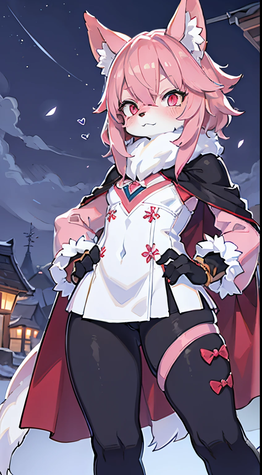 A tiny anthropomorphic wolf, student clother, with pink fur and glowing eyes. Sakura has the same color hair. A costume that combines elements of his lupus and human form. Sakura wears a cape that resembles a wolf's fur and accessories that highlight her heightened senses. Legging pants