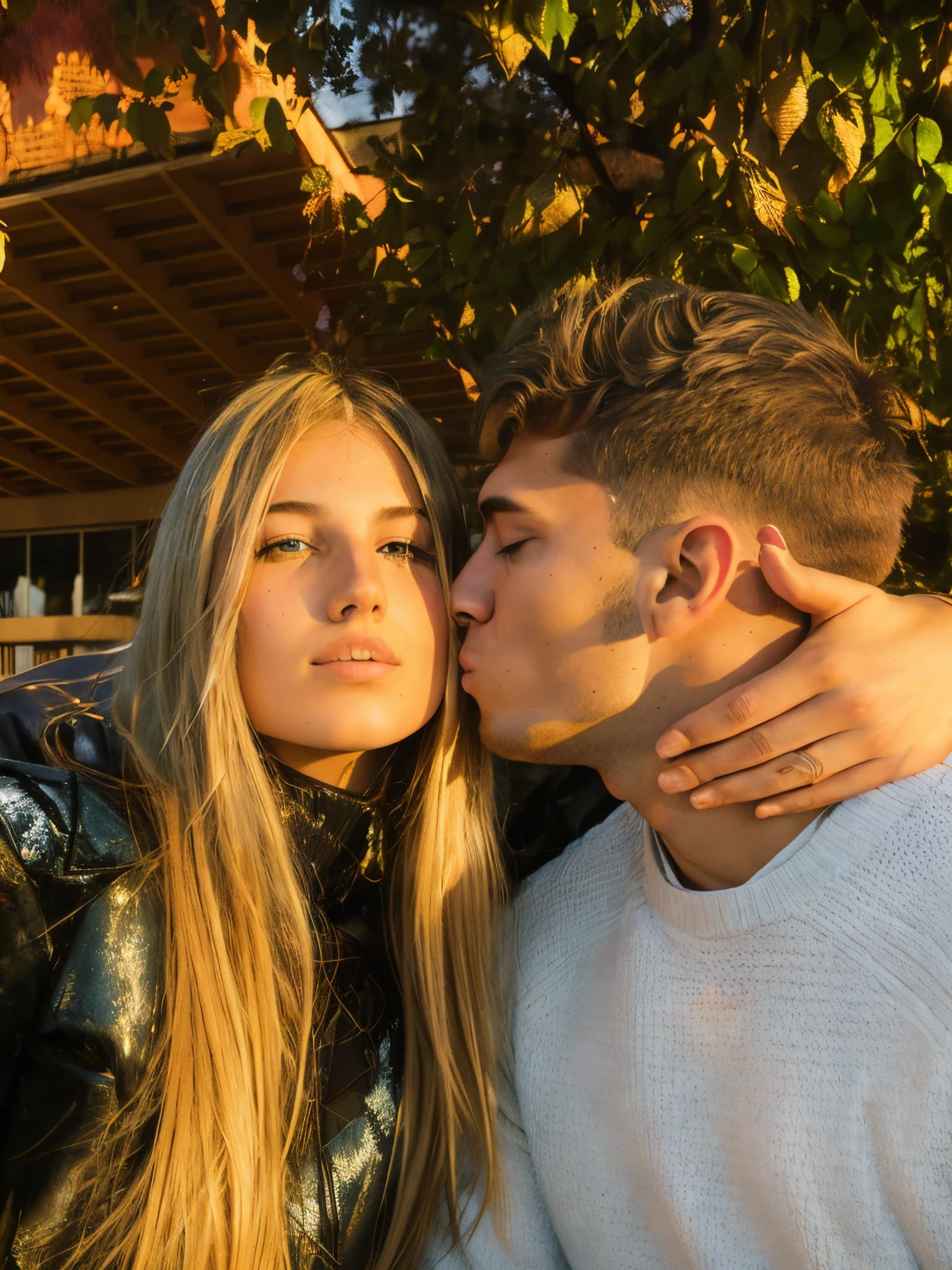 blond woman kissing man in front of a tree with a building in the background, kissing together cutely, couple kissing, in style of petra collins, by Anna Haifisch, they are in love, petra collins and mc. escher, kissing together, by Marshall Arisman, by Emma Andijewska, julia hetta, shot at golden hour