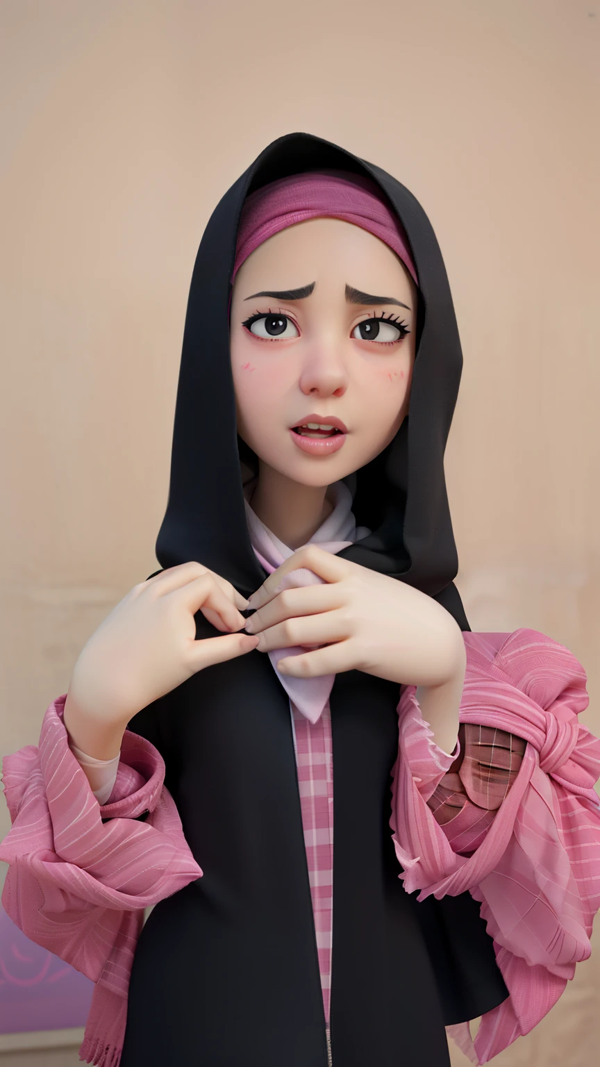 arafed woman in a pink and black shirt and scarf, face is wrapped in a black scarf, ruan cute vtuber, with accurate face, hijab, hana alisa omer, wearing a head scarf, with very thin lips, wearing a dark hood, wearing hood, with cute - fine - face, head scarf, scarf, inspired by Oka Yasutomo